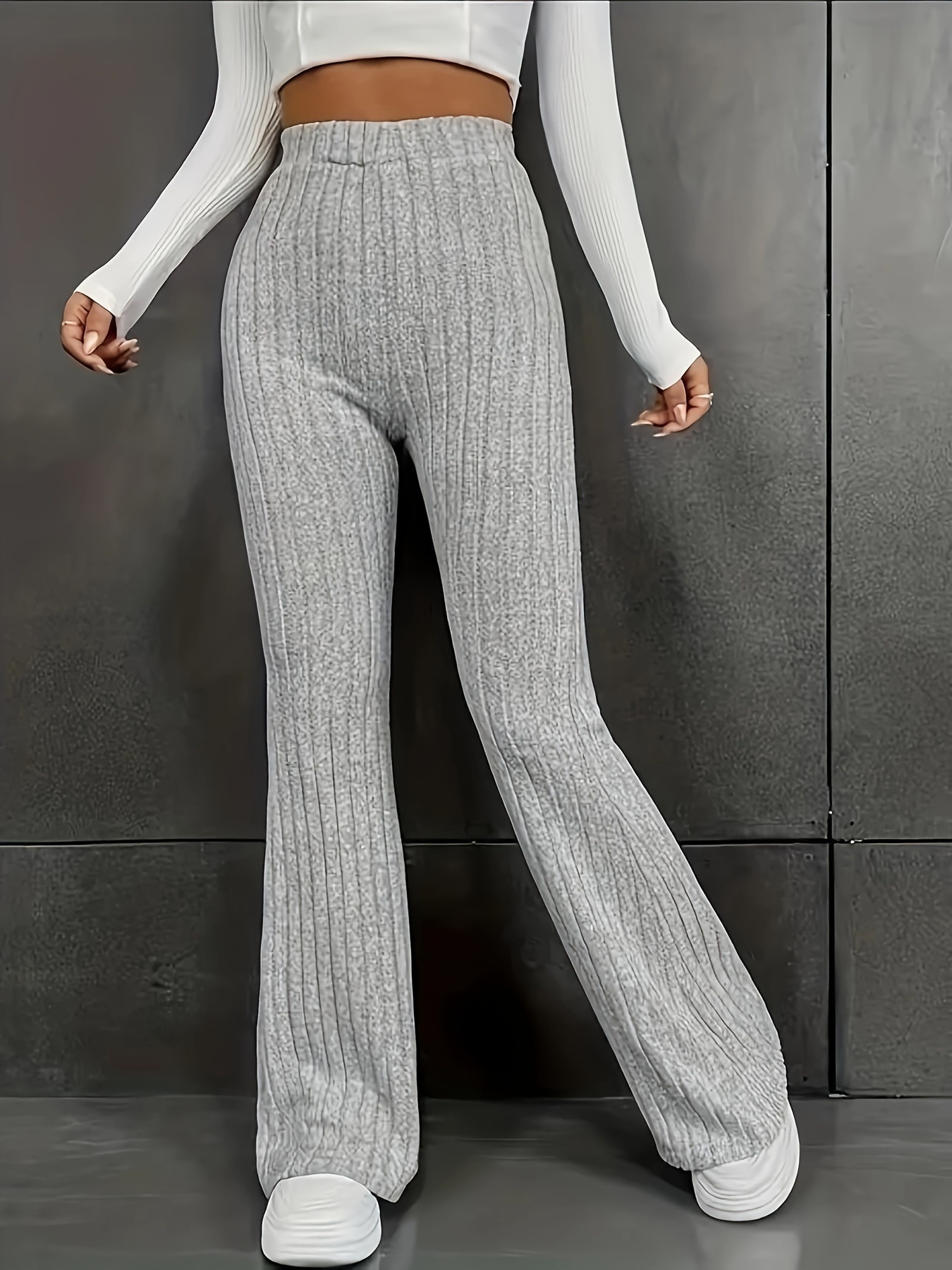Plus Size Ribbed Knit High Waist Flare Pants