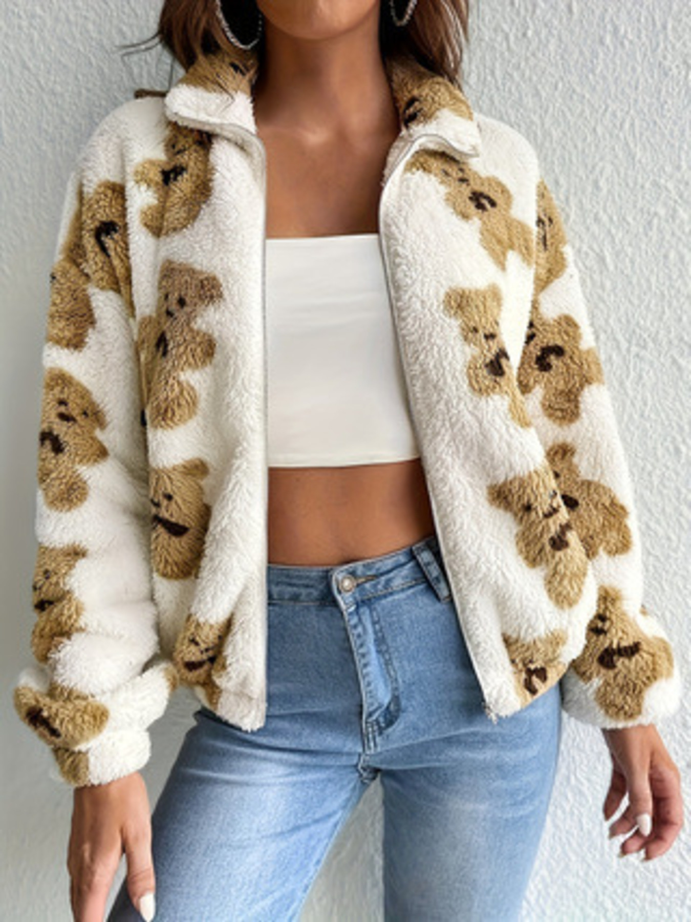 Bear Print Fleece Zip Up Outerwear