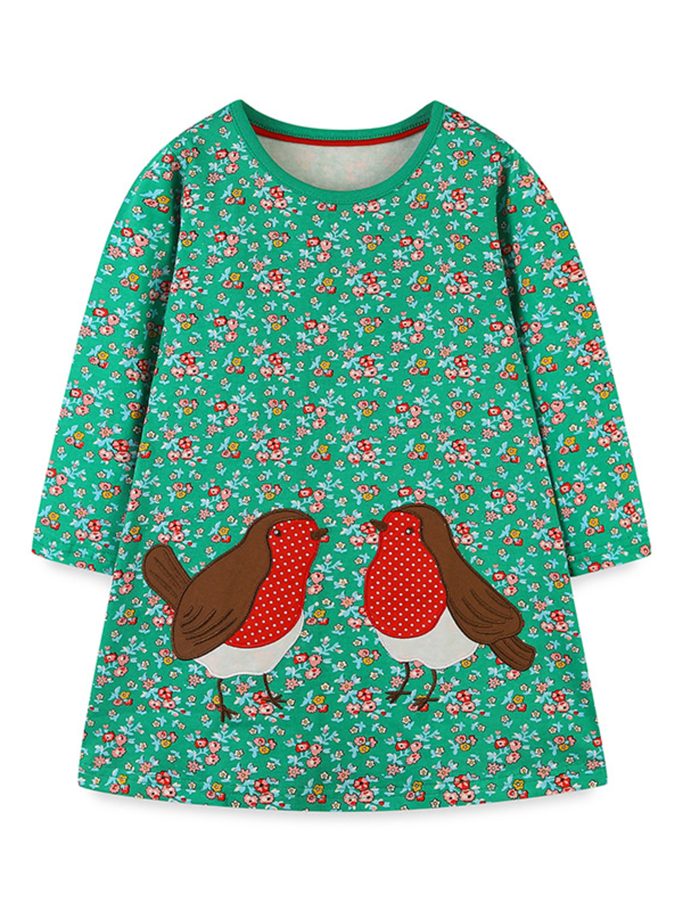 Children's Floral Print Bird Long Sleeve Dress