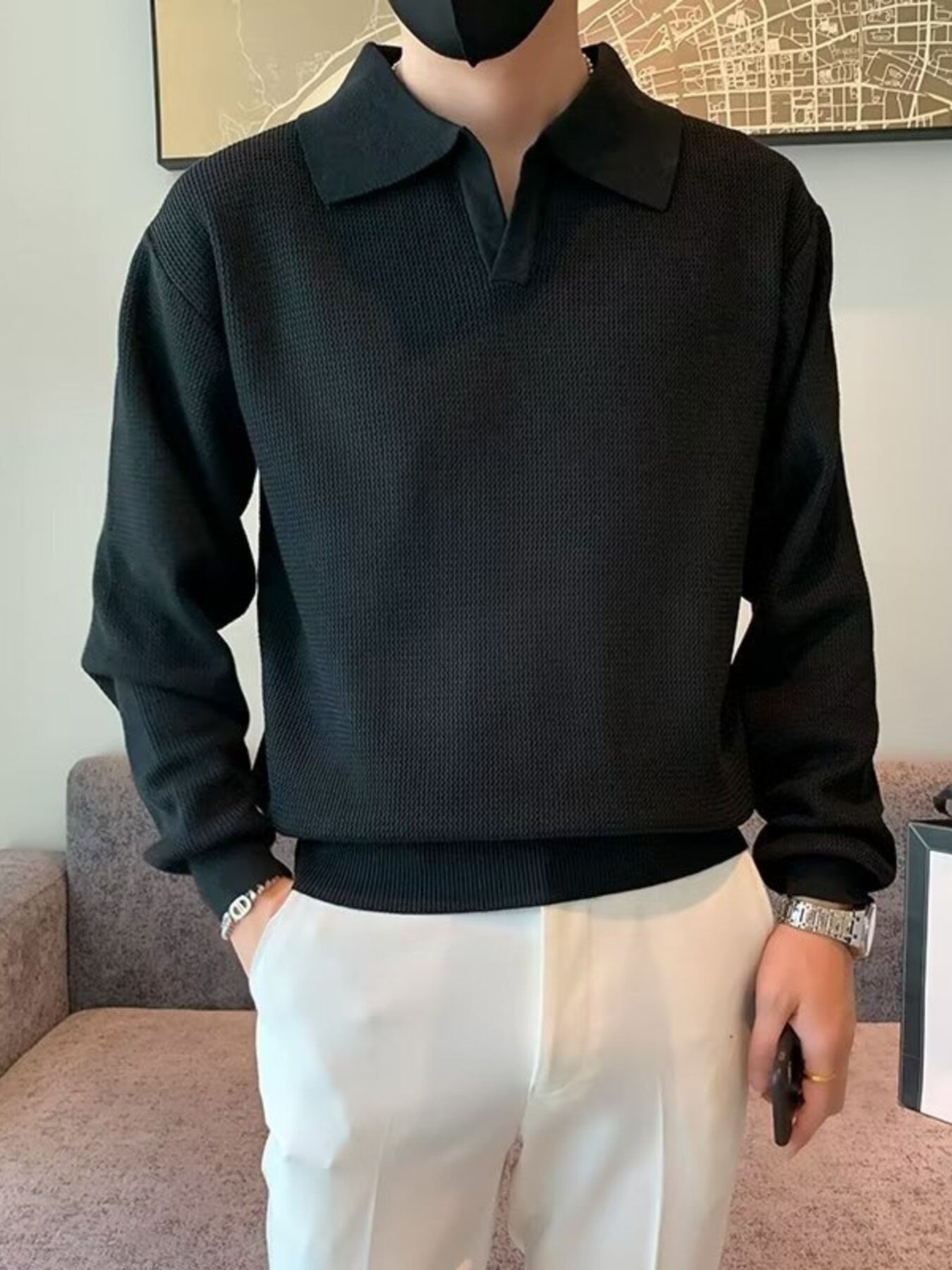 Men's Plus Size Polo Collar Textured Knit Top