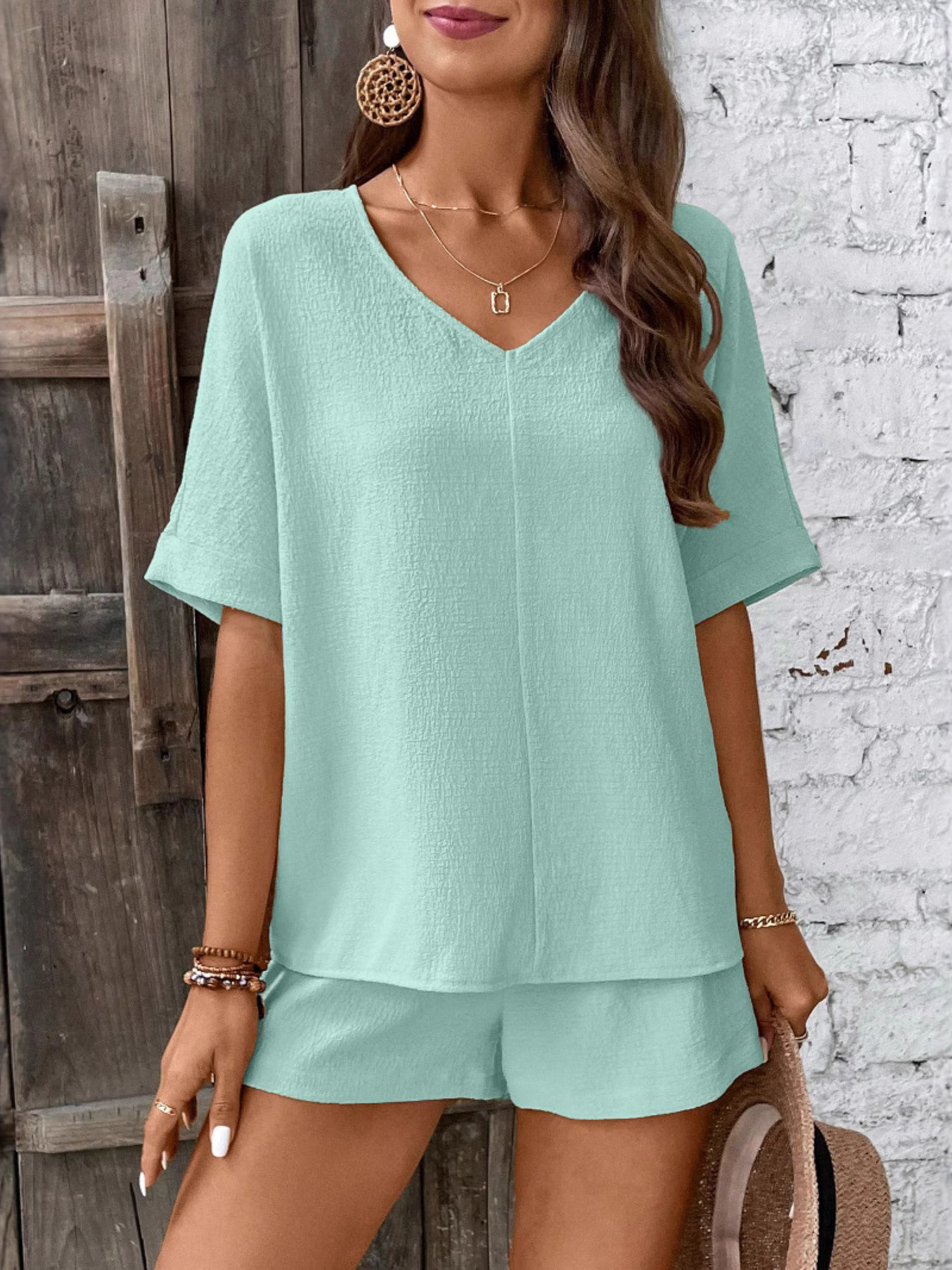 Relaxed Fit V-Neck Top and Shorts Two-Piece Set