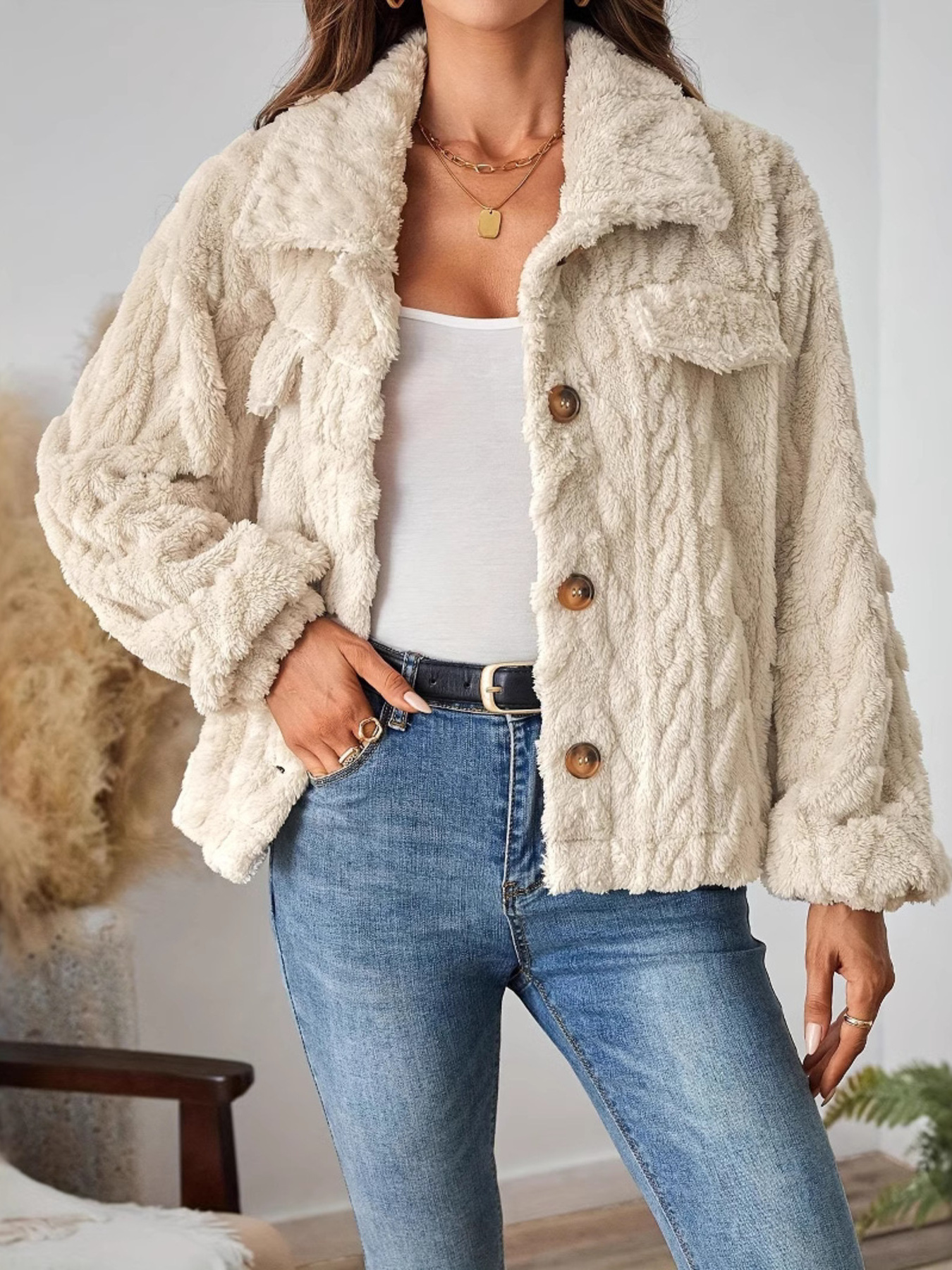 Cozy Textured Fleece Button-Up Outerwear