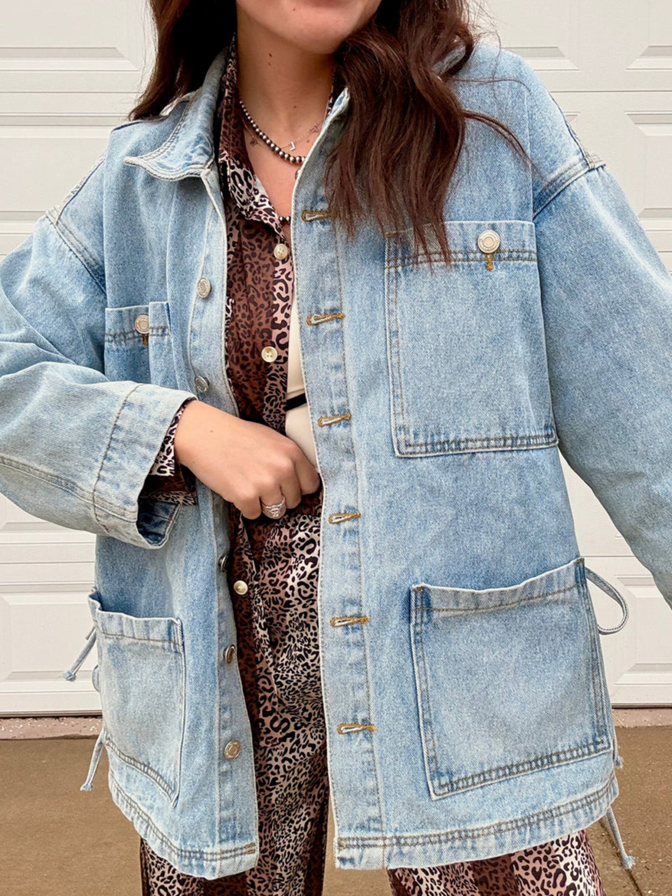 Patched Pockets Side Tie Denim Jacket