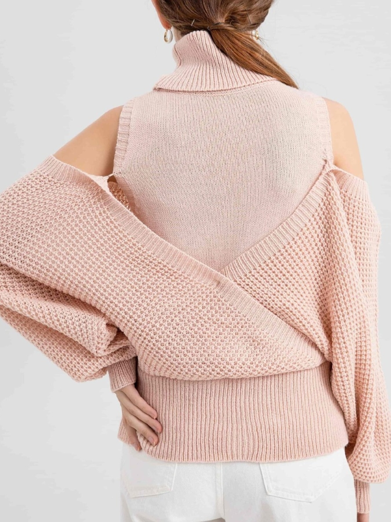 Waffle Knit Cold Shoulder Turtleneck Sweater