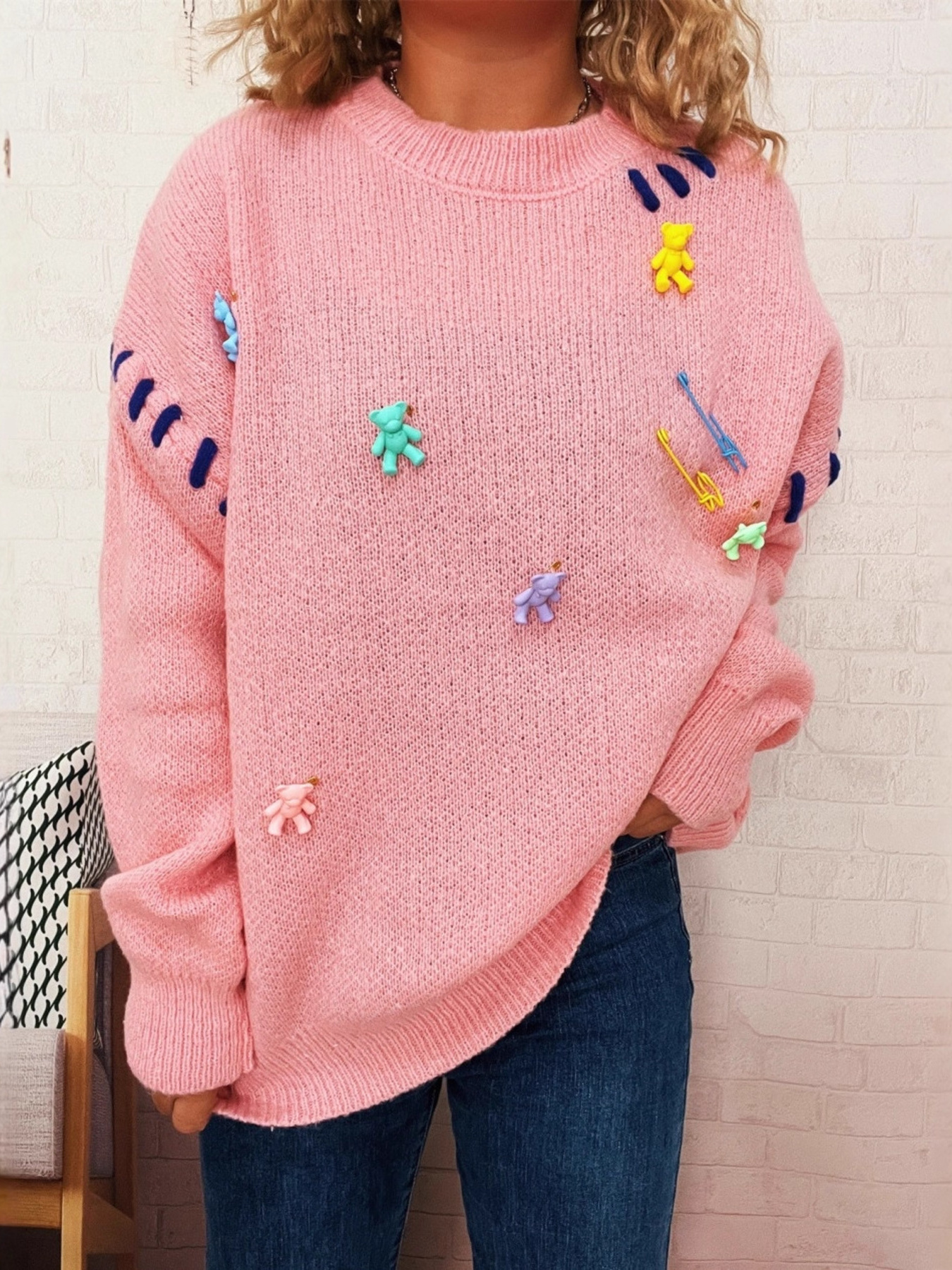 Bear Decoration Round Neck Sweater