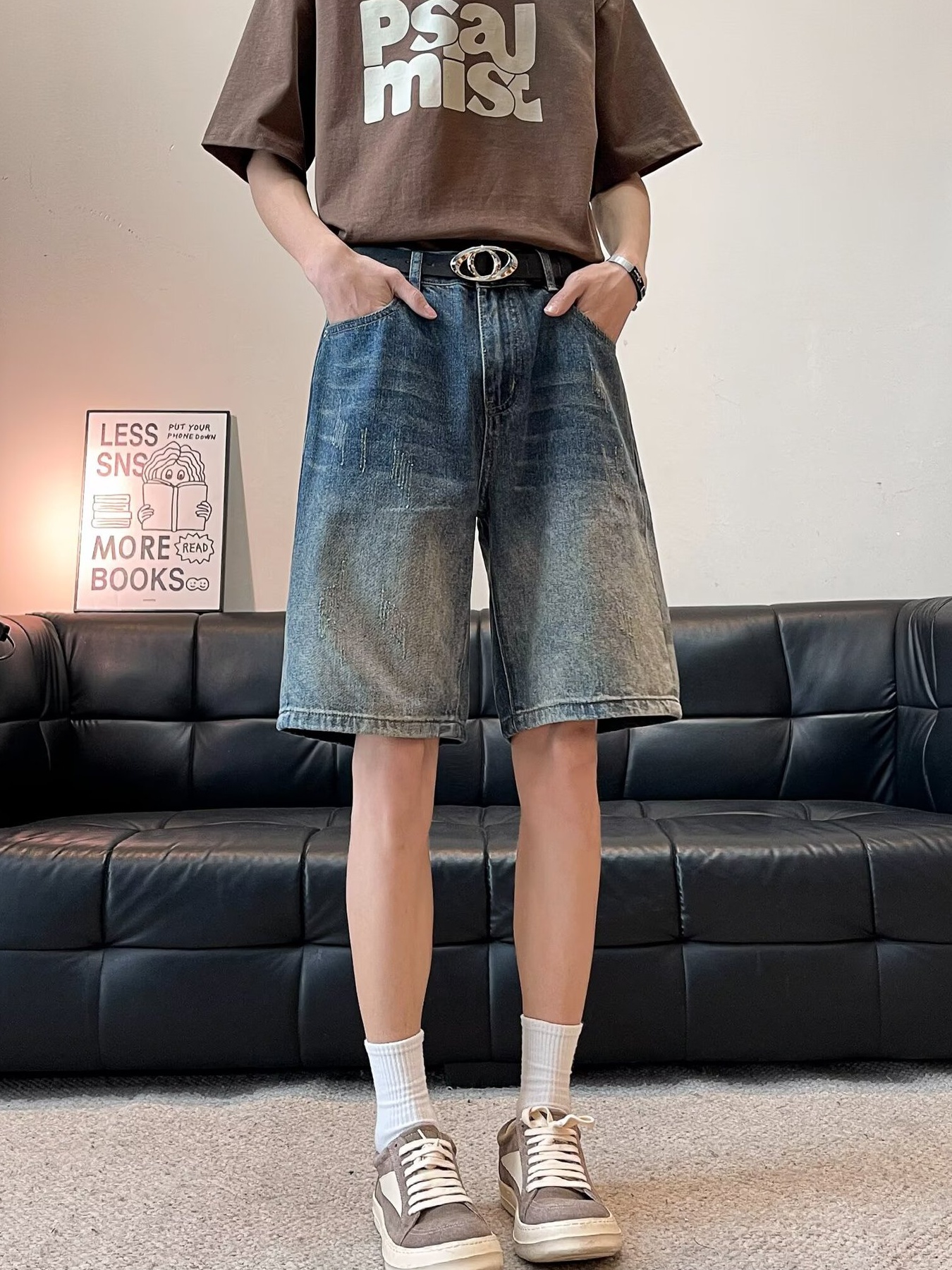 Men's Full Size Washed Wide Leg Denim Shorts Plus Size