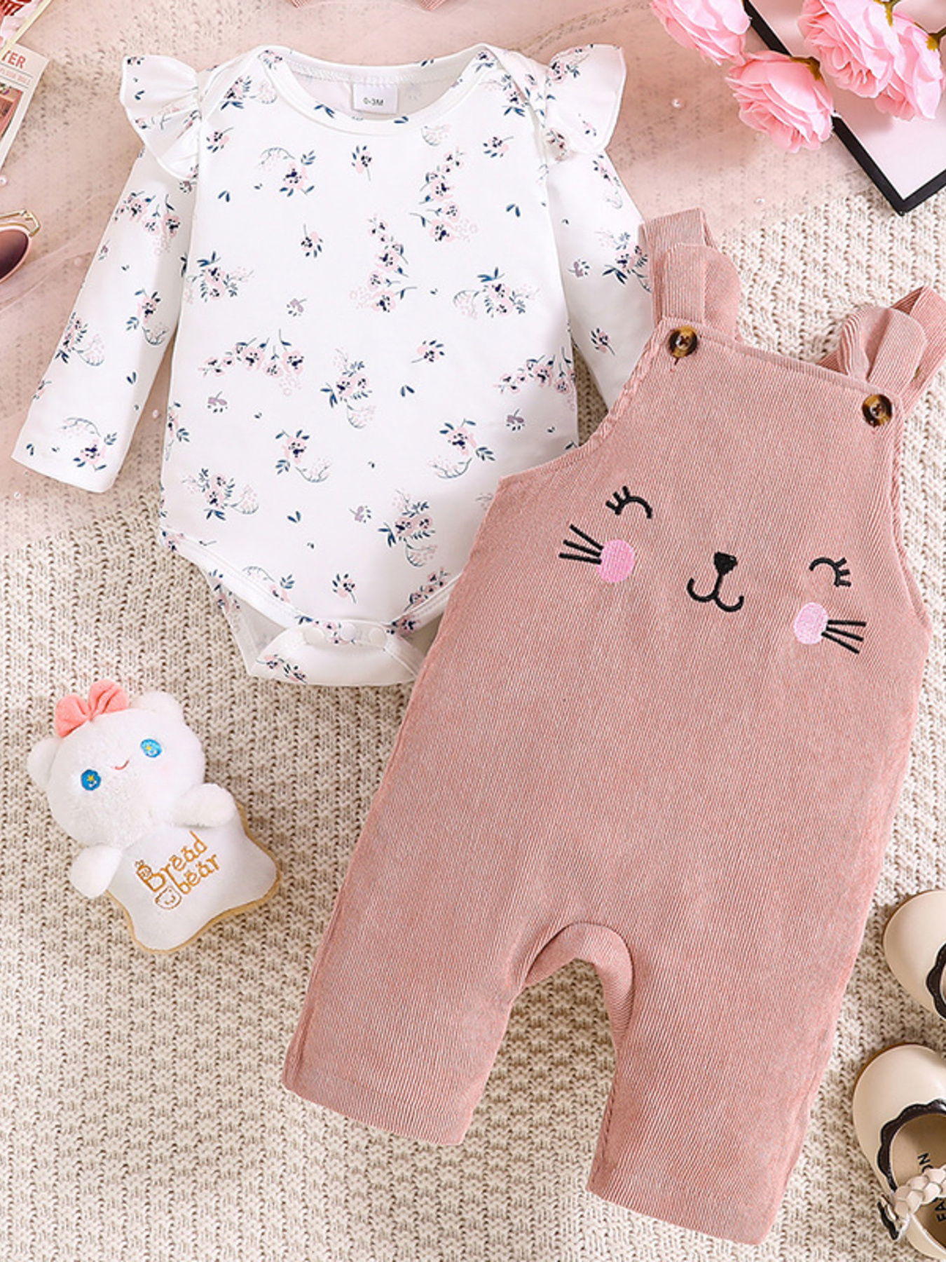 Children's Floral Print Ruffle Trim Top & Corduroy Overalls & Headband Set