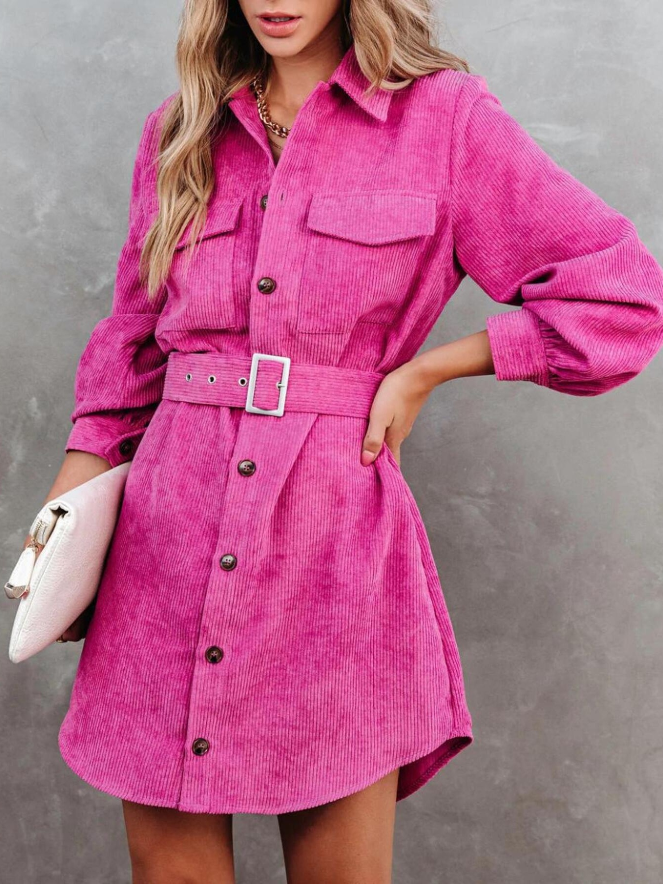 Button Front Belt Long Sleeve Corduroy Dress