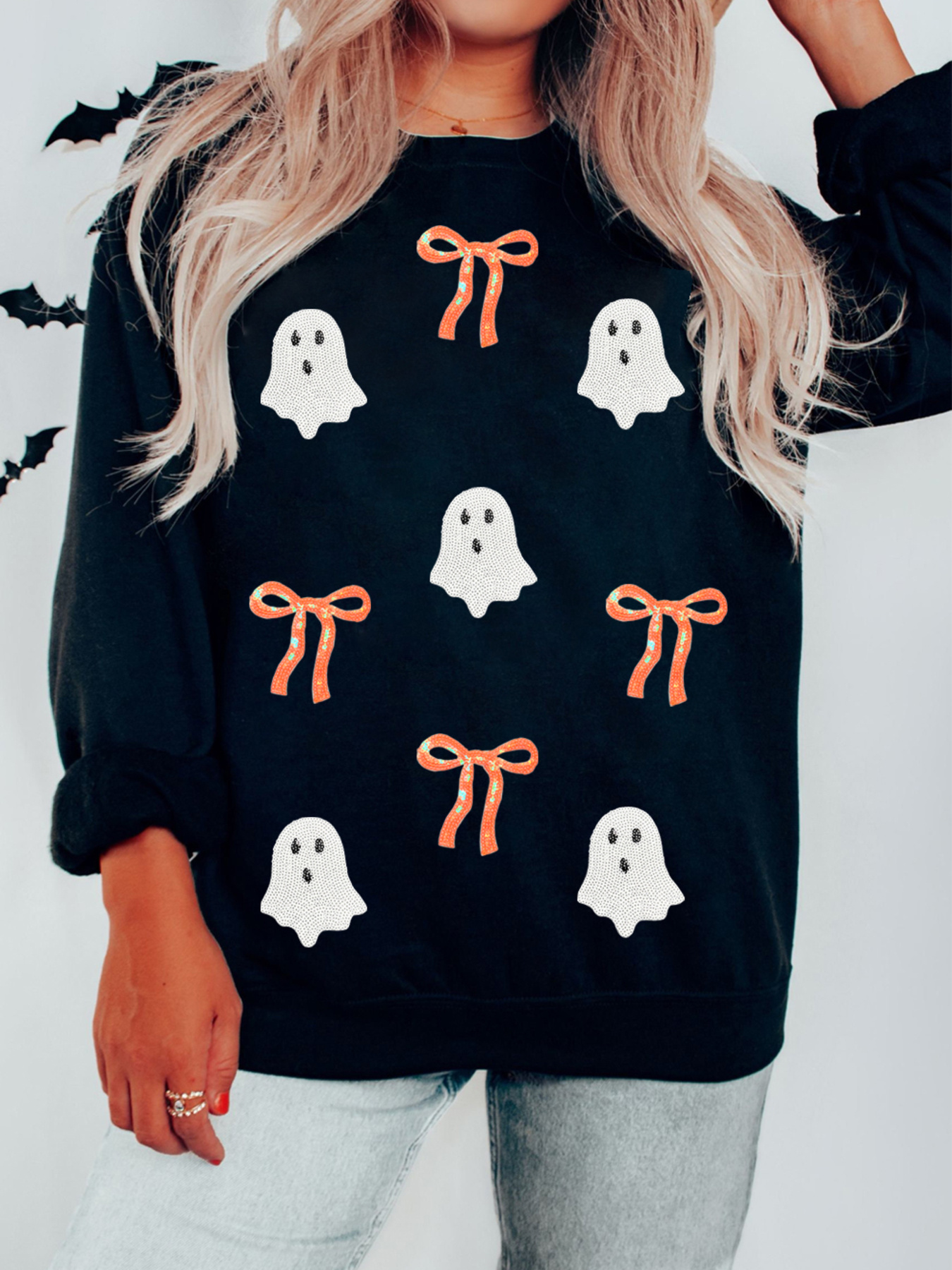 Halloween Ghost Bow Sequin Patched Drop Shoulder Sweatshirt