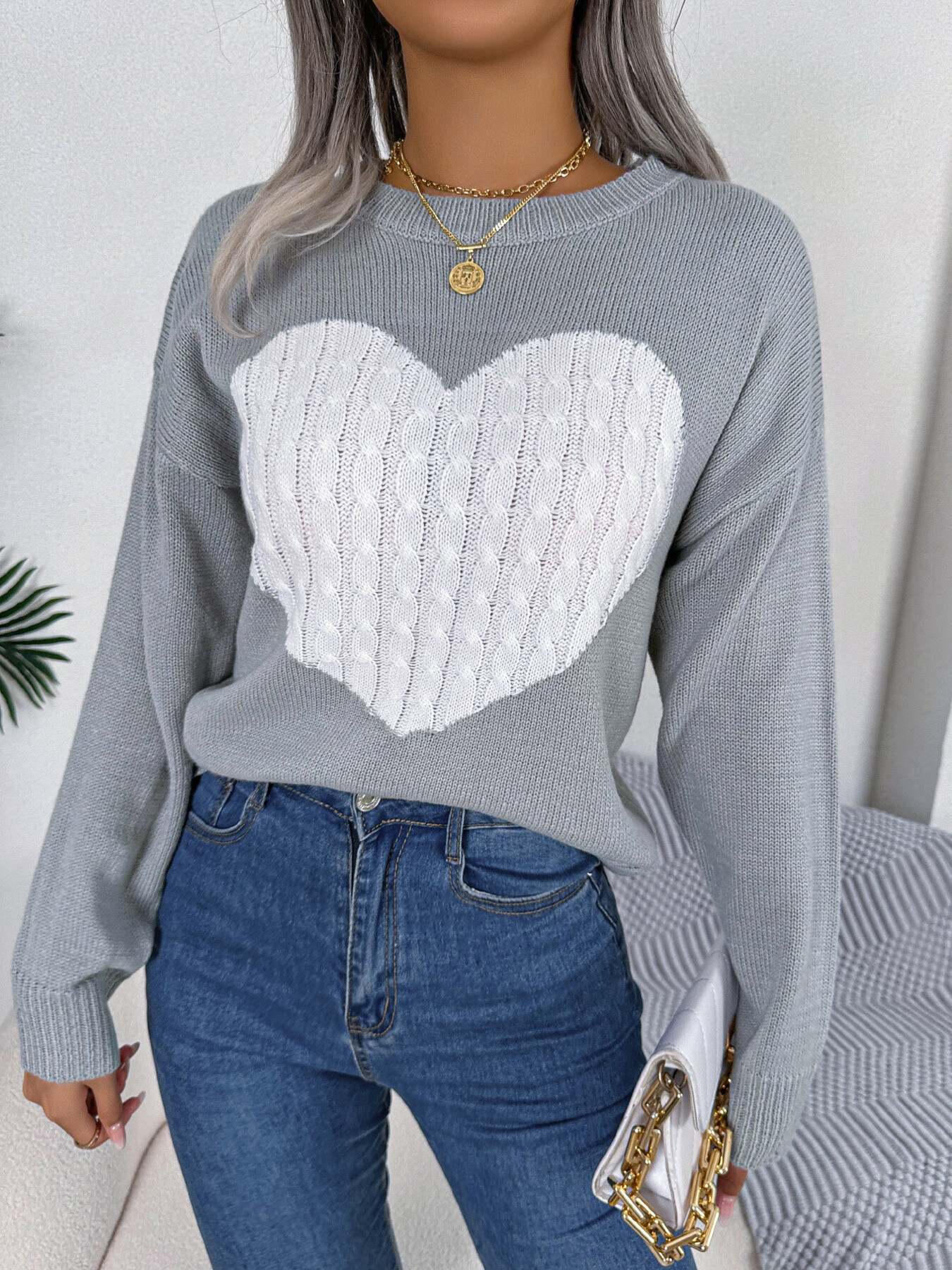 Cable Knit Heart Round Neck Sweater