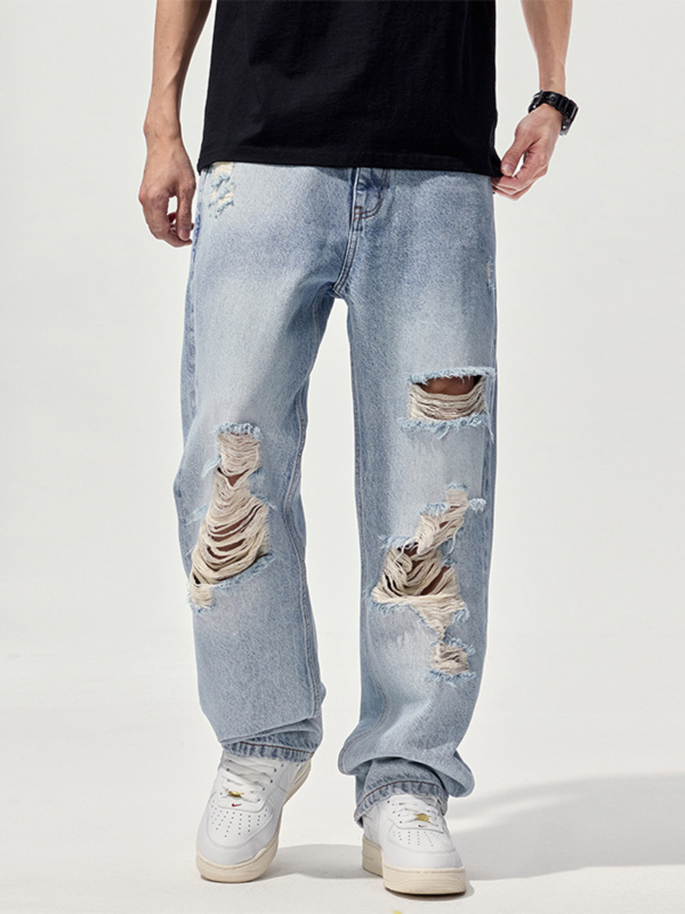 Men's Distressed Washed Wide Leg Jeans