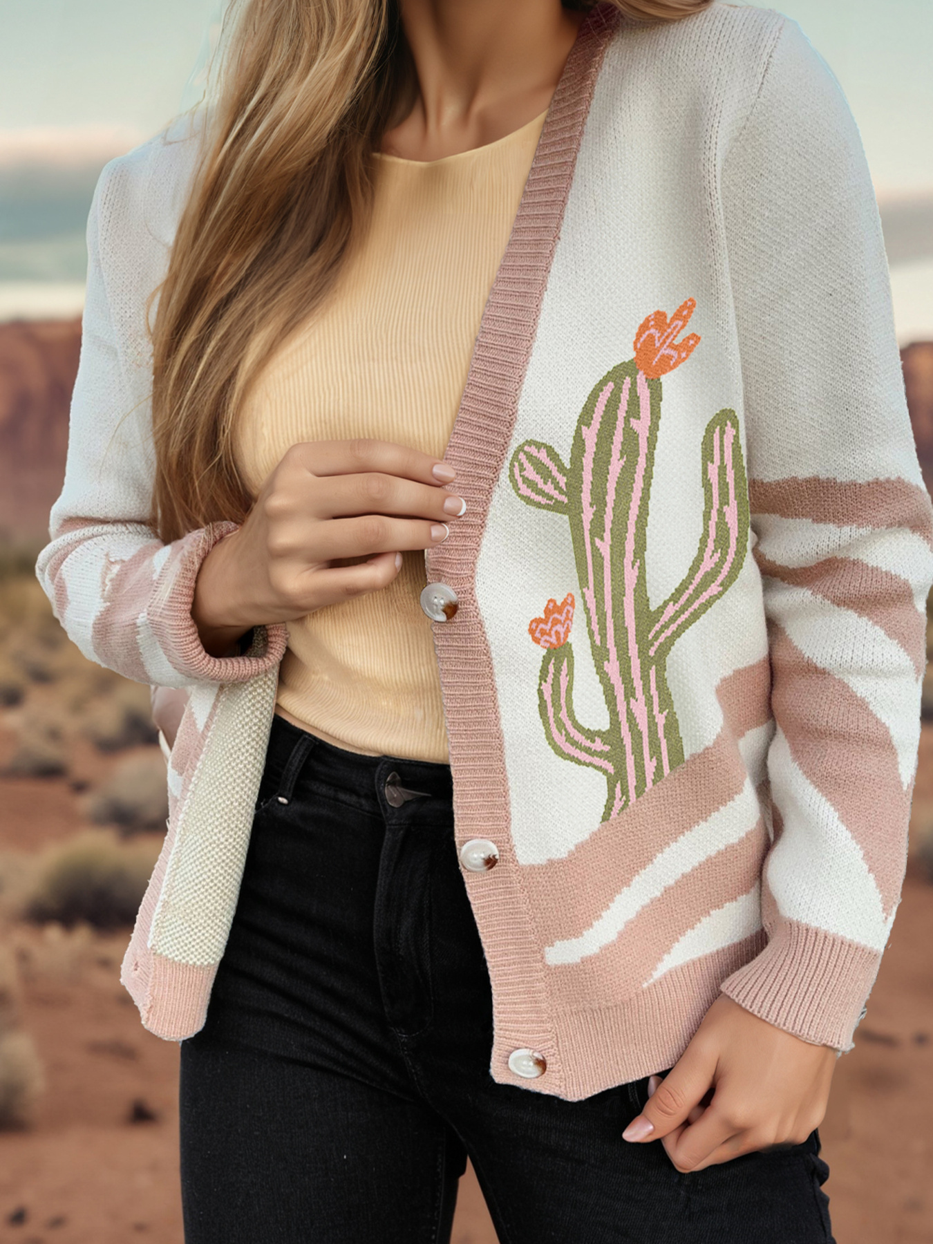 Desert Cactus Buttoned Front Sweater Cardigan