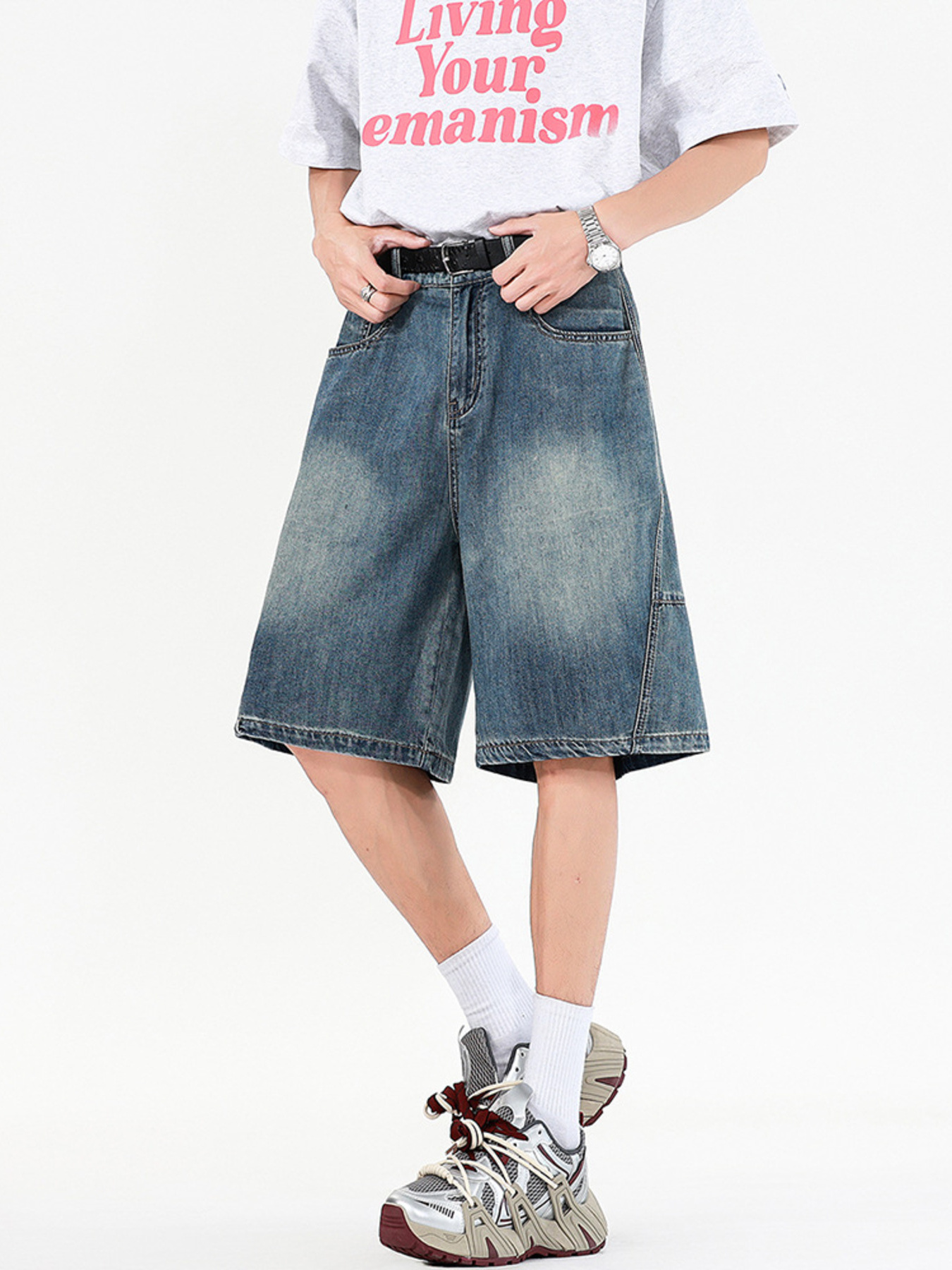 Men's Full Size Vintage Wide Leg Denim Shorts Plus Size