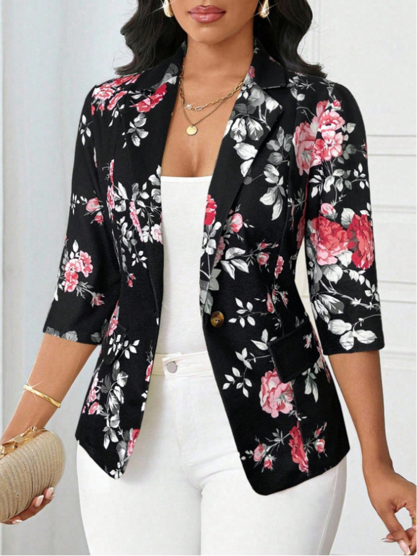 Floral Print One Button Casual Blazer