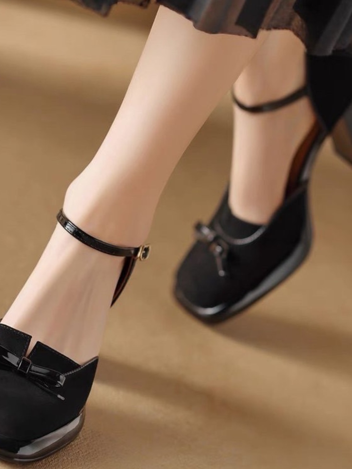 Bow Block Heel Ankle Strap Pumps