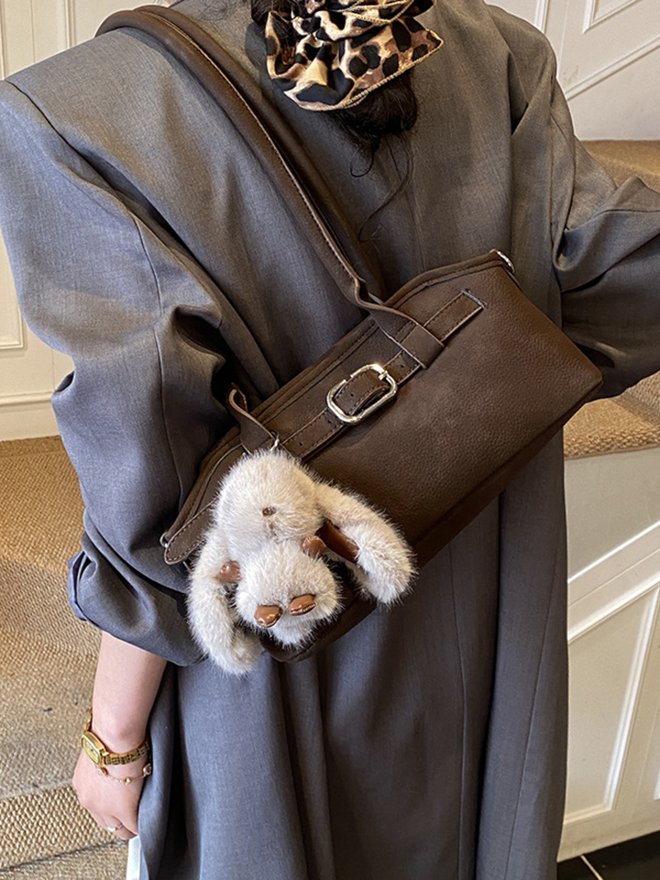 Vintage Buckle Decor Shoulder Bag with Plush Charm