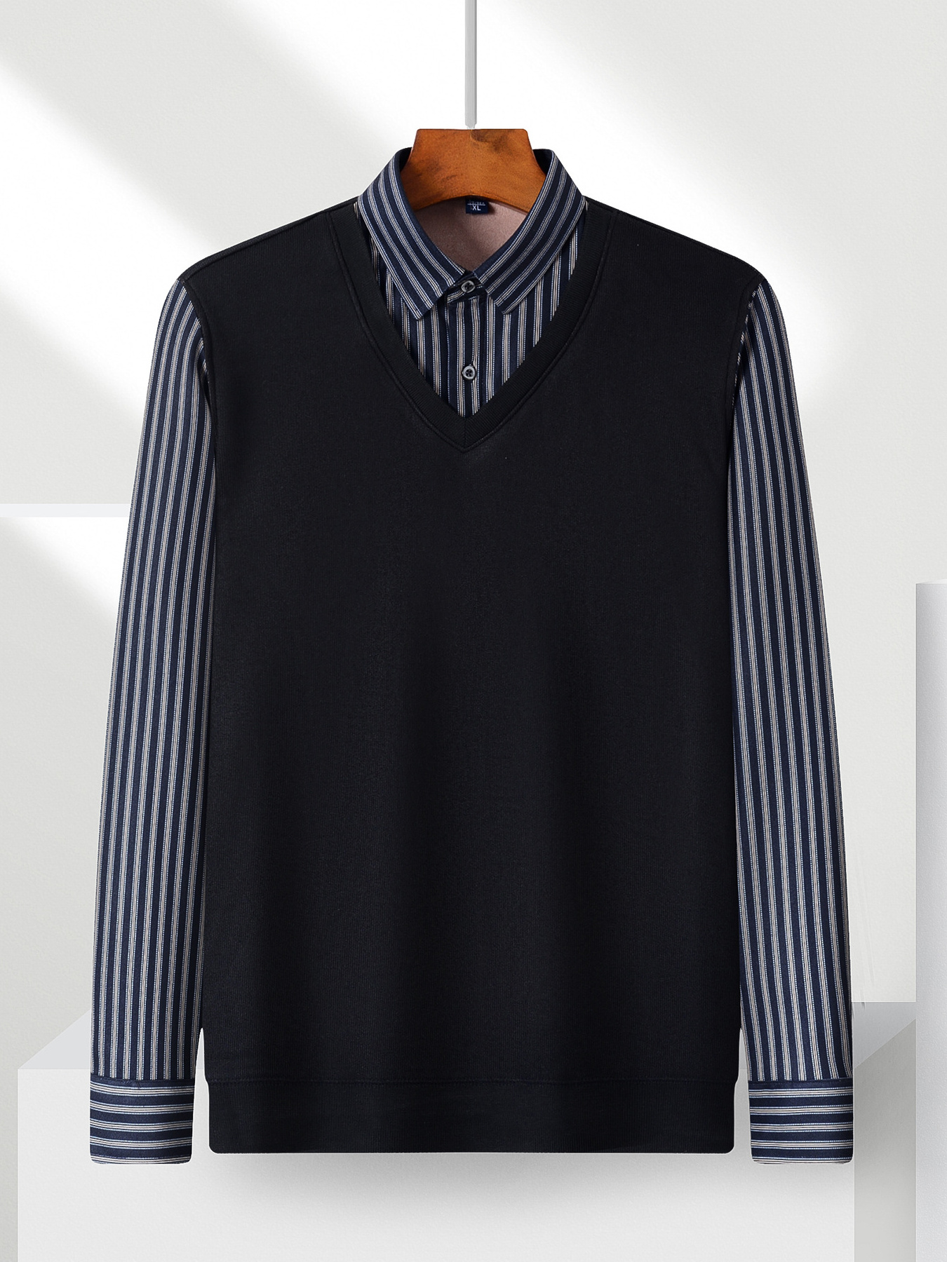 Men's Plus Size Striped Long Sleeve Fake Two-Piece Knit Top