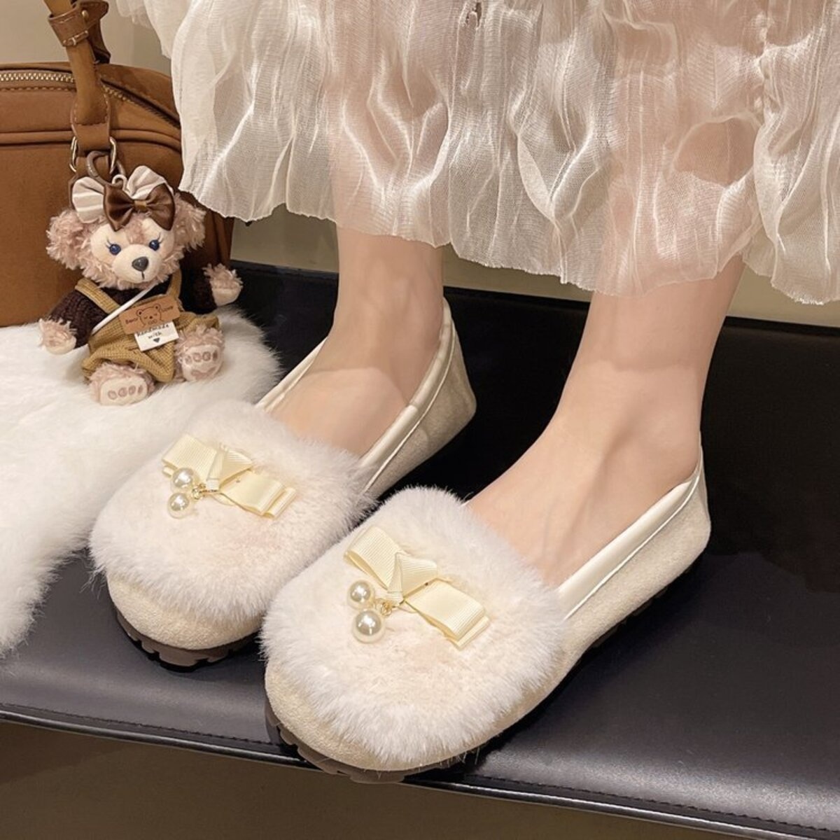 Fuzzy Pearl Bowknot Slip-Ons