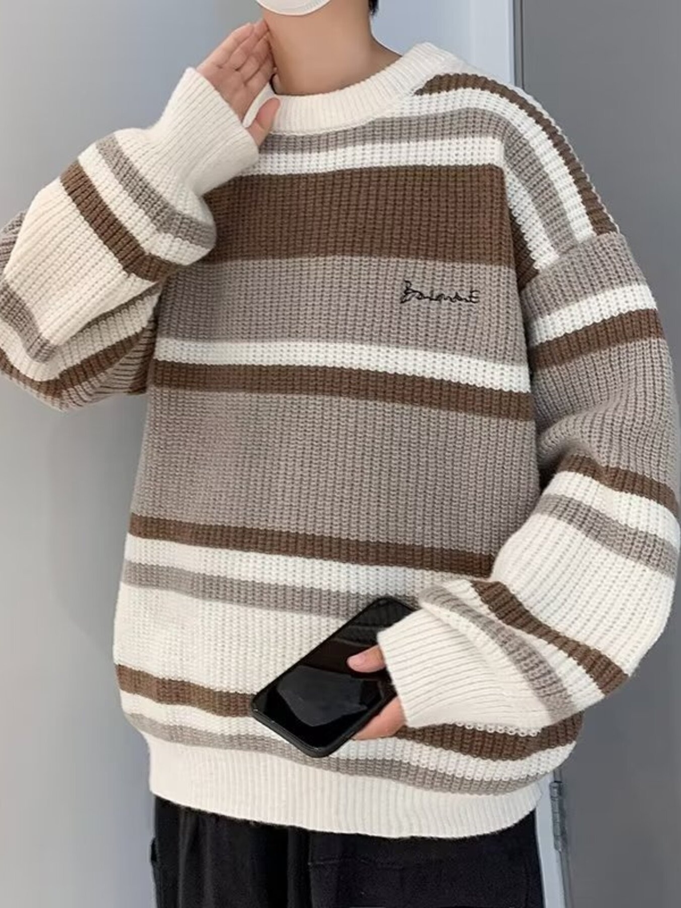 Men's Striped Knit Pullover with Embroidered Detail