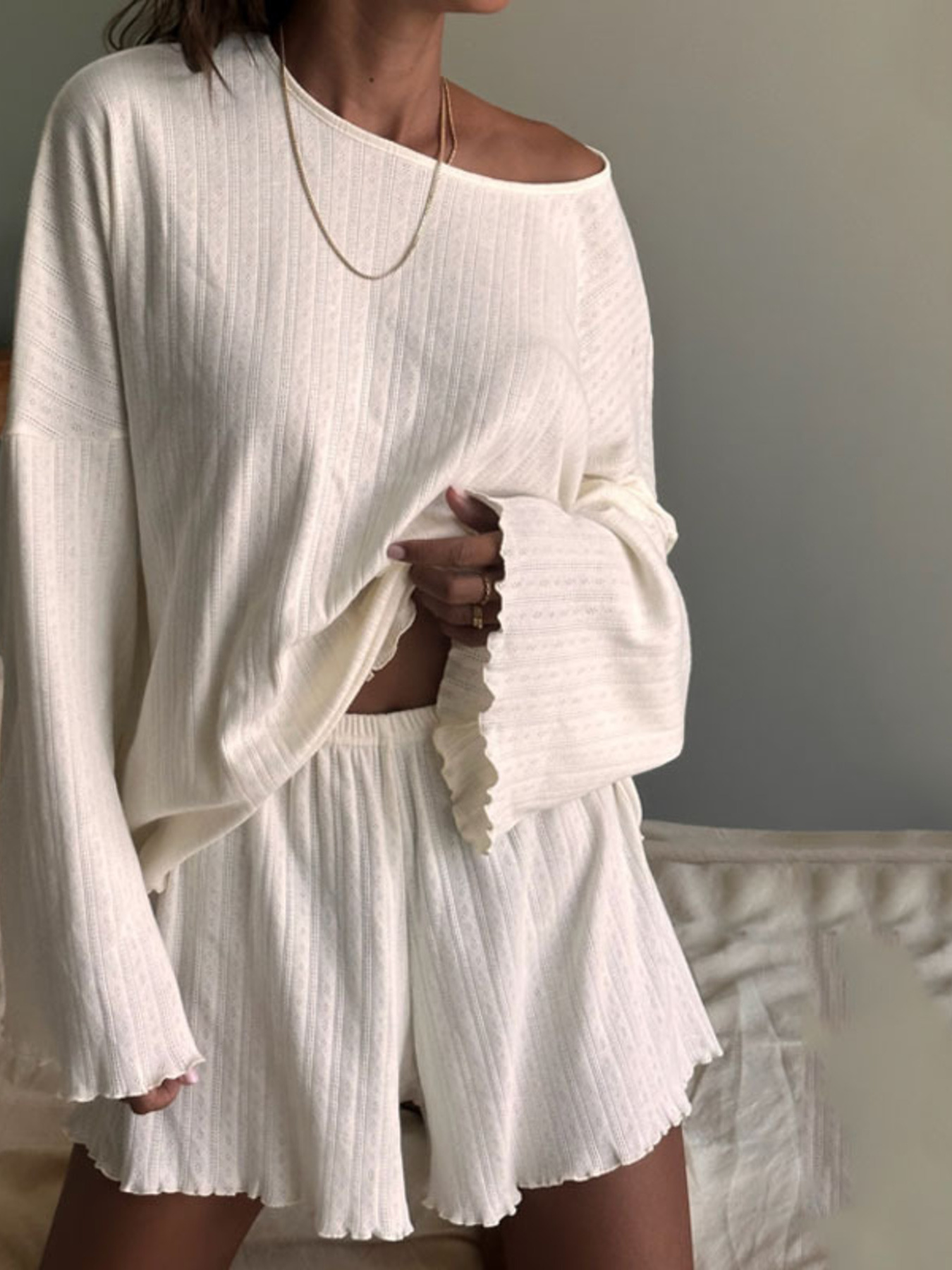 Ribbed Knit Long Sleeve Top and Shorts Lounge Set