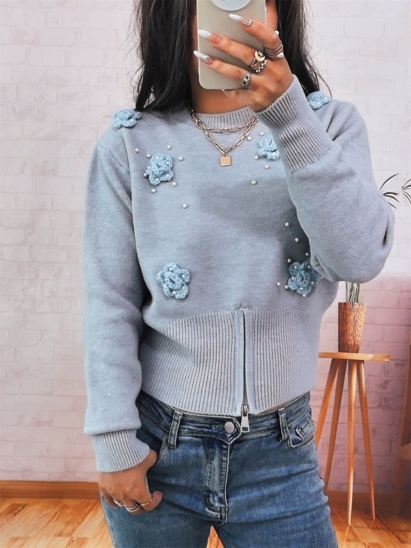 Flower Pearl Detail Ribbed Hem Sweater