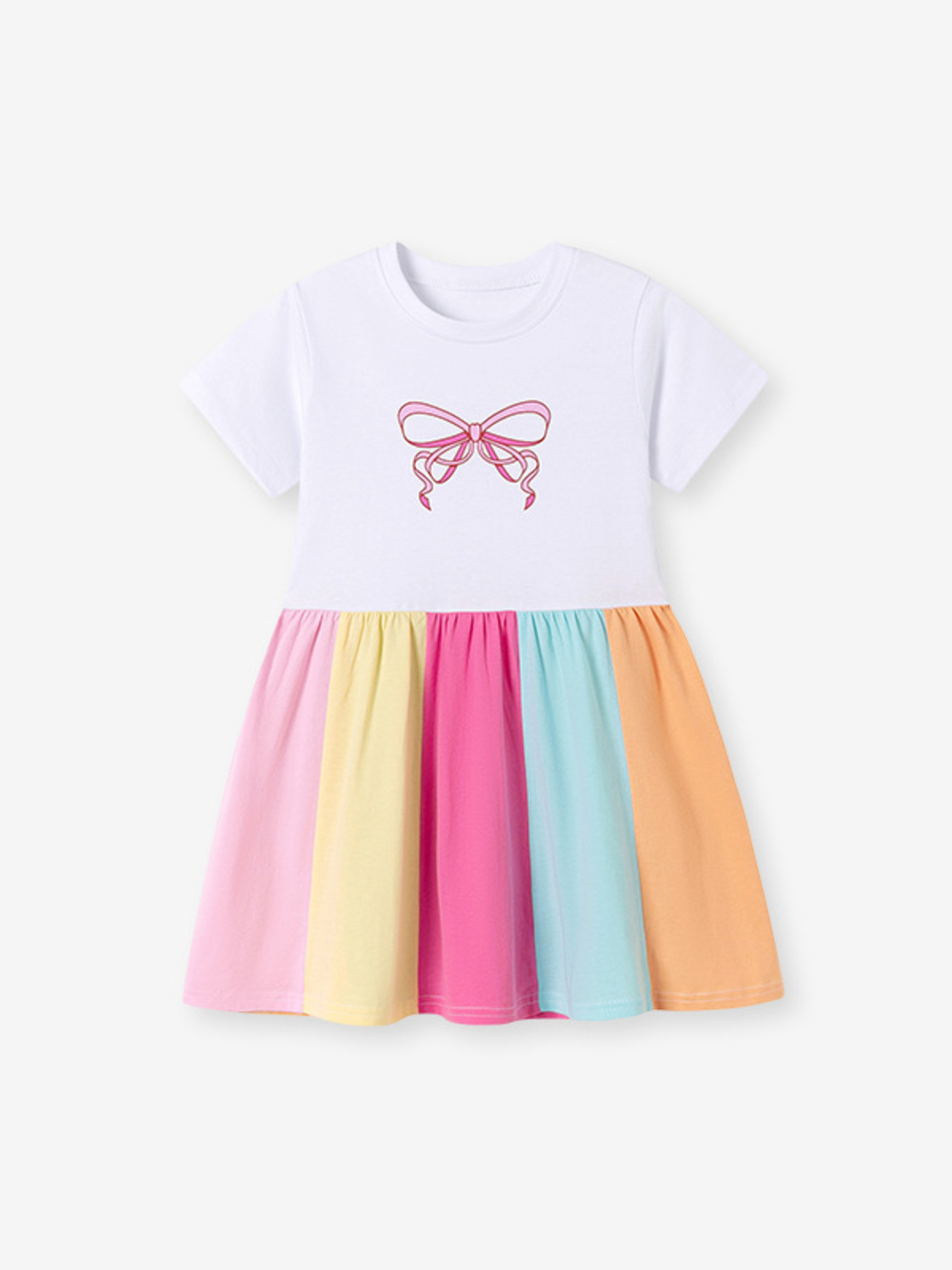Children's Color Block Bow Short Sleeve Dress