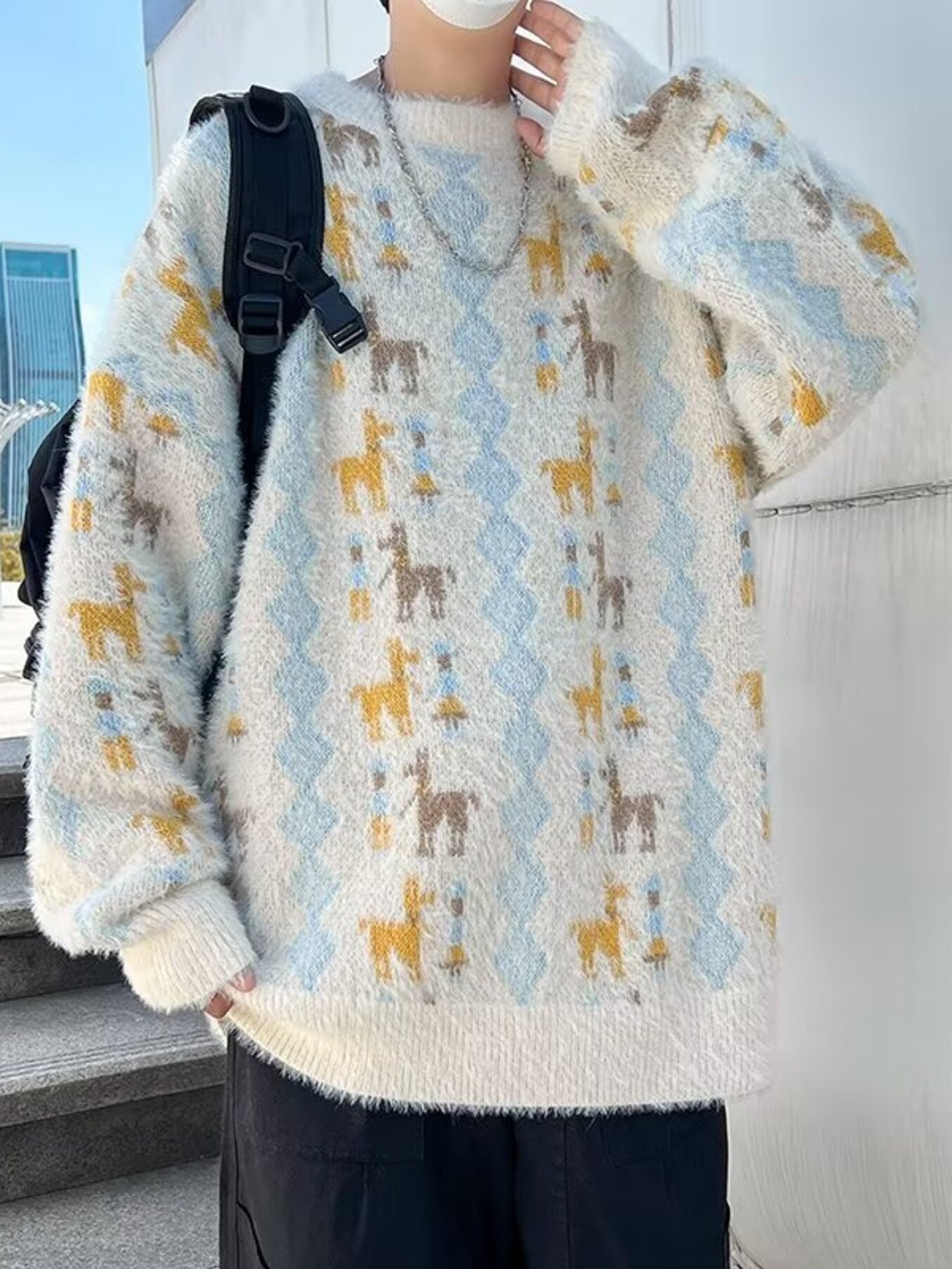 Men's Fuzzy Knit Round Neck Sweater