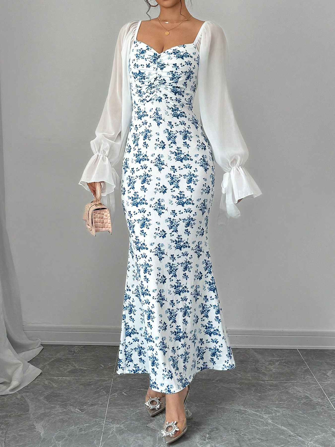 Floral Print Sweetheart Neckline Maxi Dress