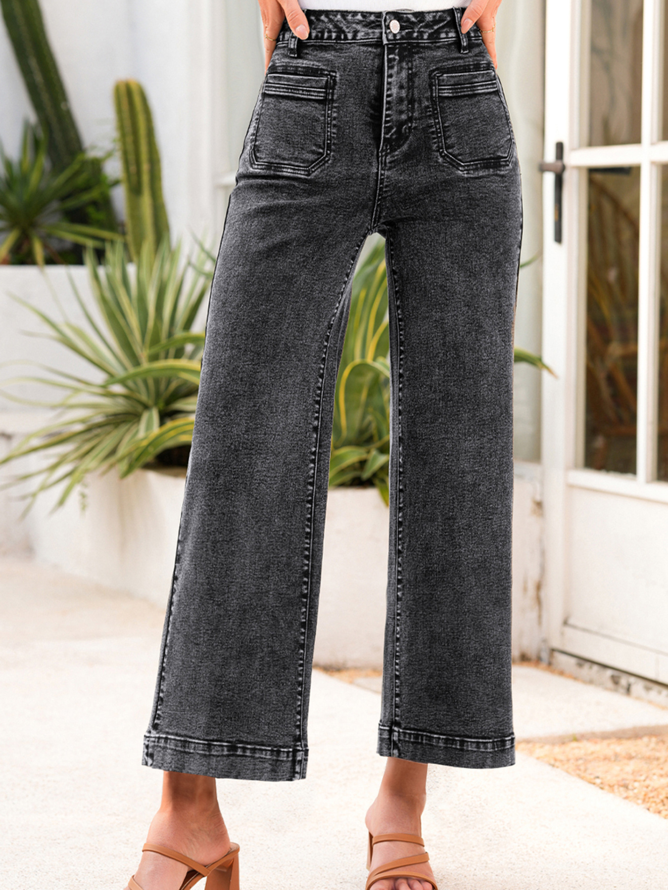 High-Waisted Wide Leg Washed Jeans