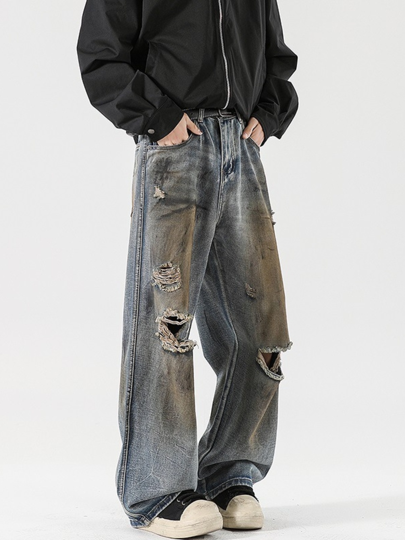 Men's Full Size Distressed Wide Leg Jeans Plus Size