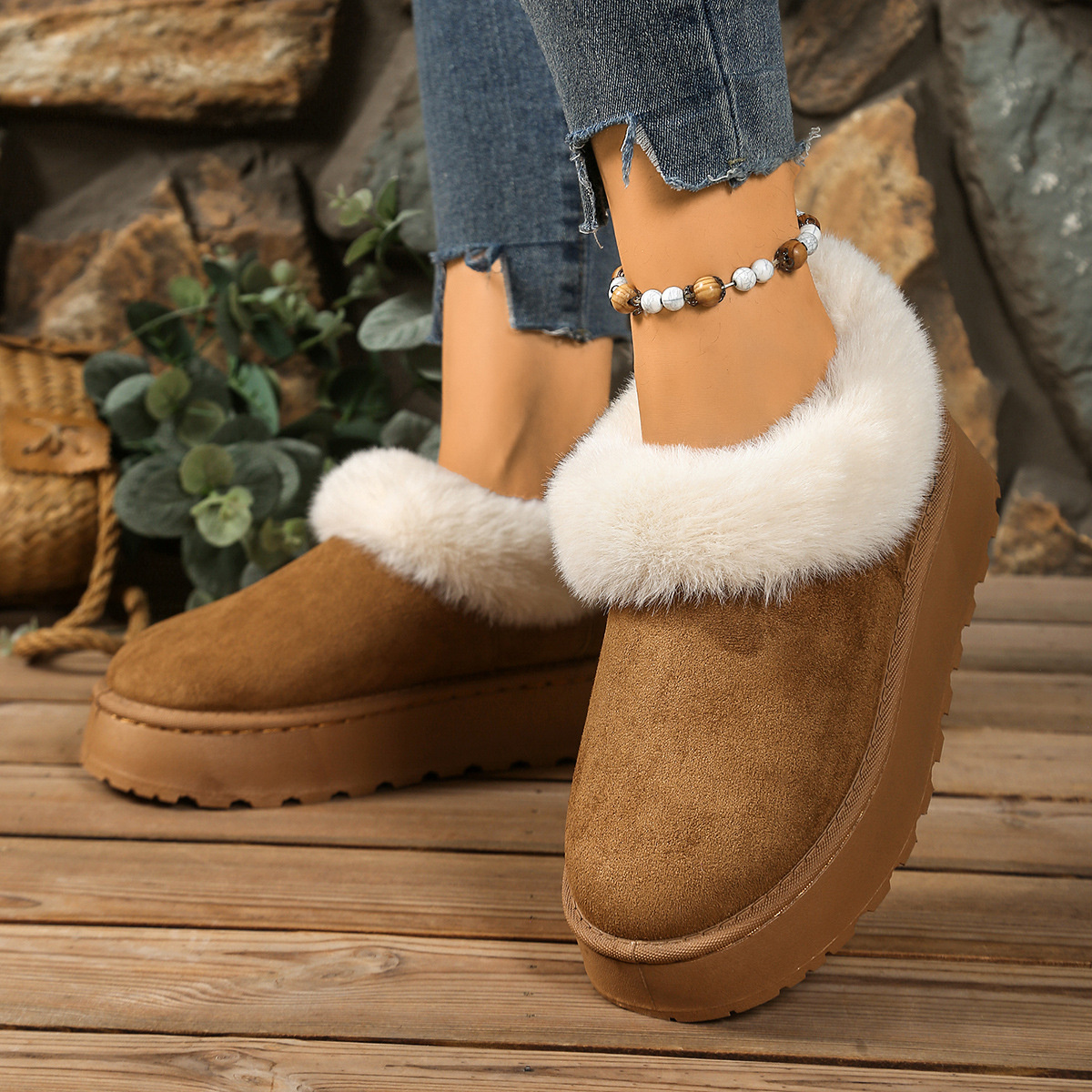 Fuzzy Trim Round Toe Platform Boots