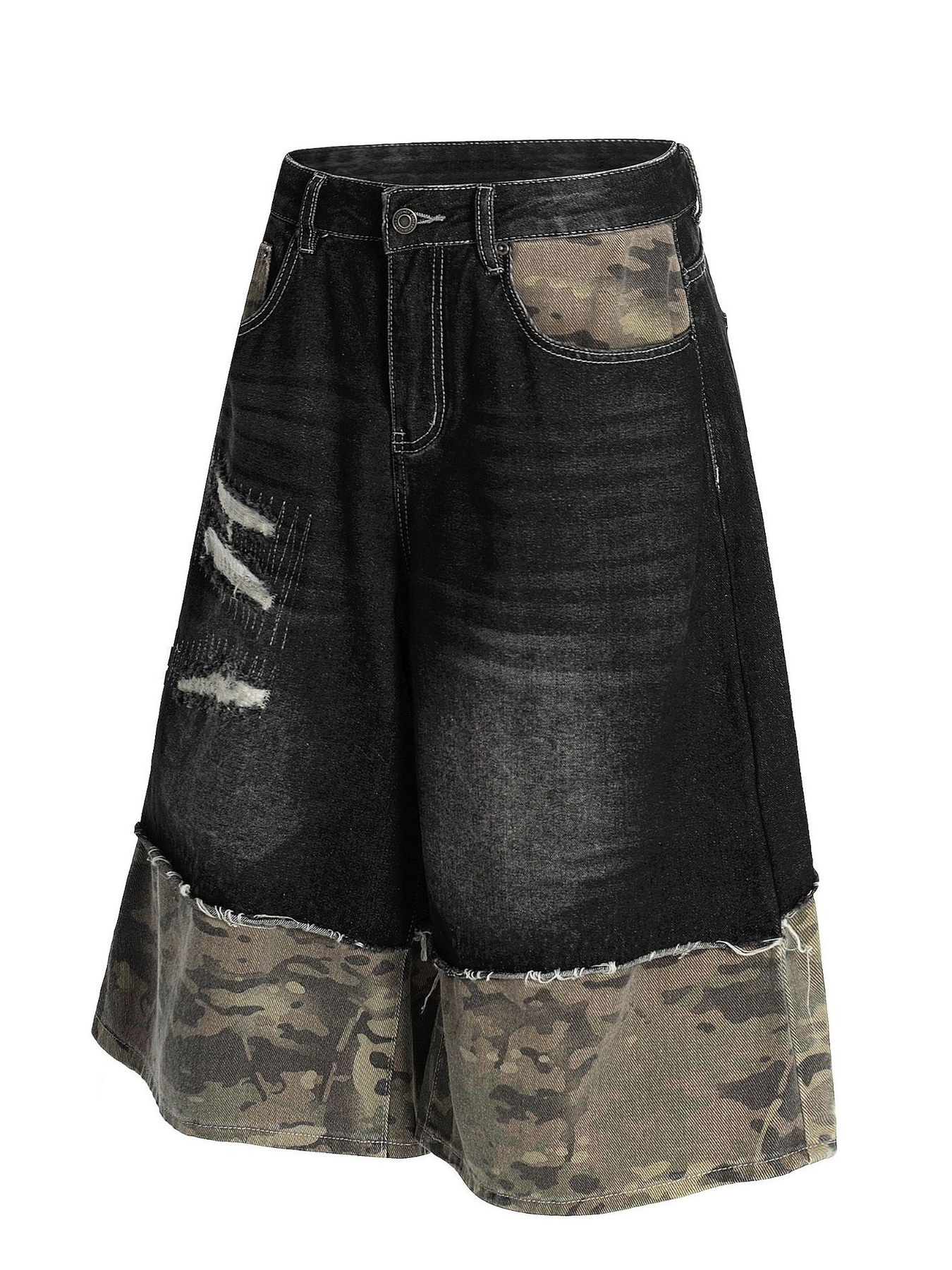 Men's Distressed Camo Panel Denim Shorts