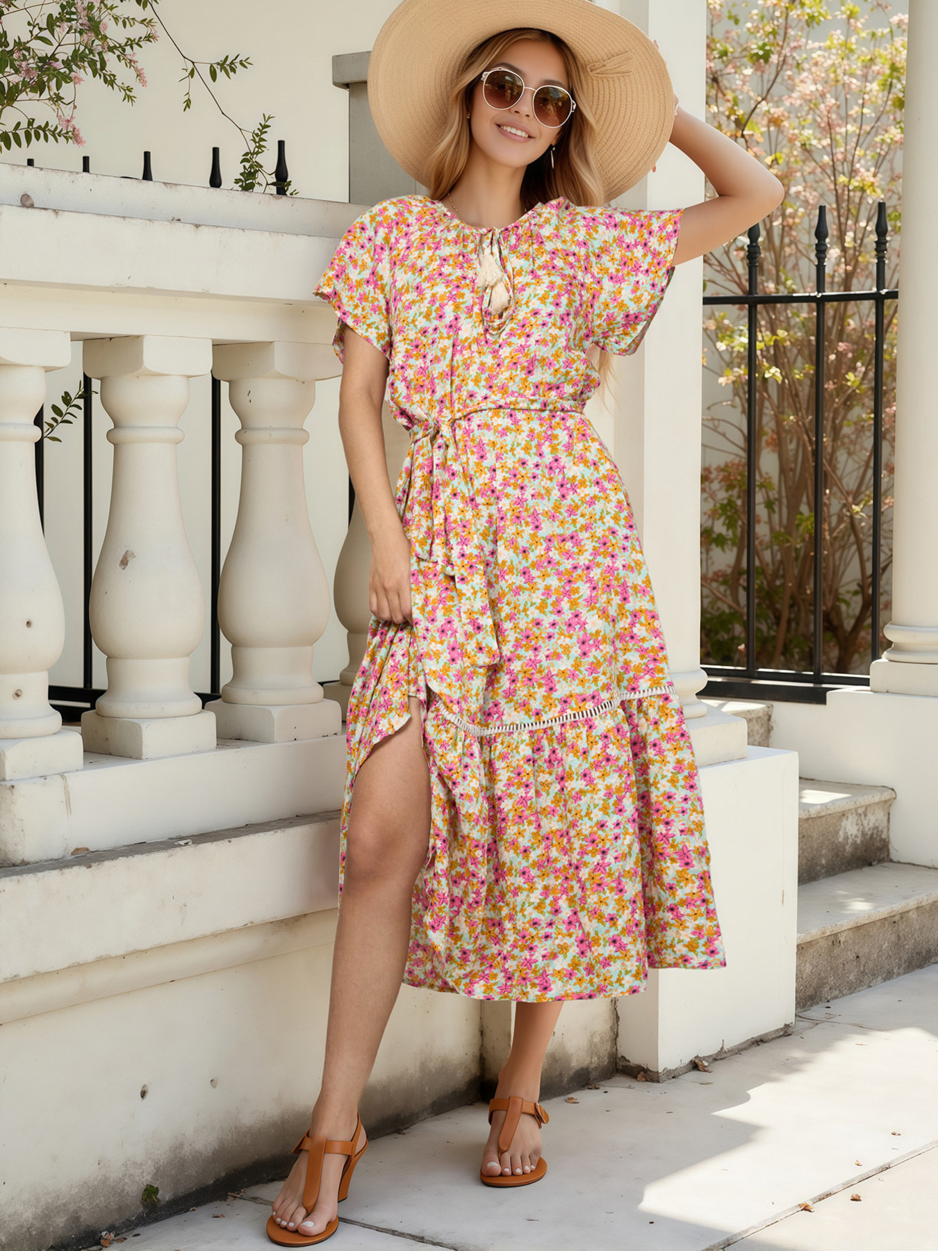 Floral Print Ruffle Hem Midi Dress