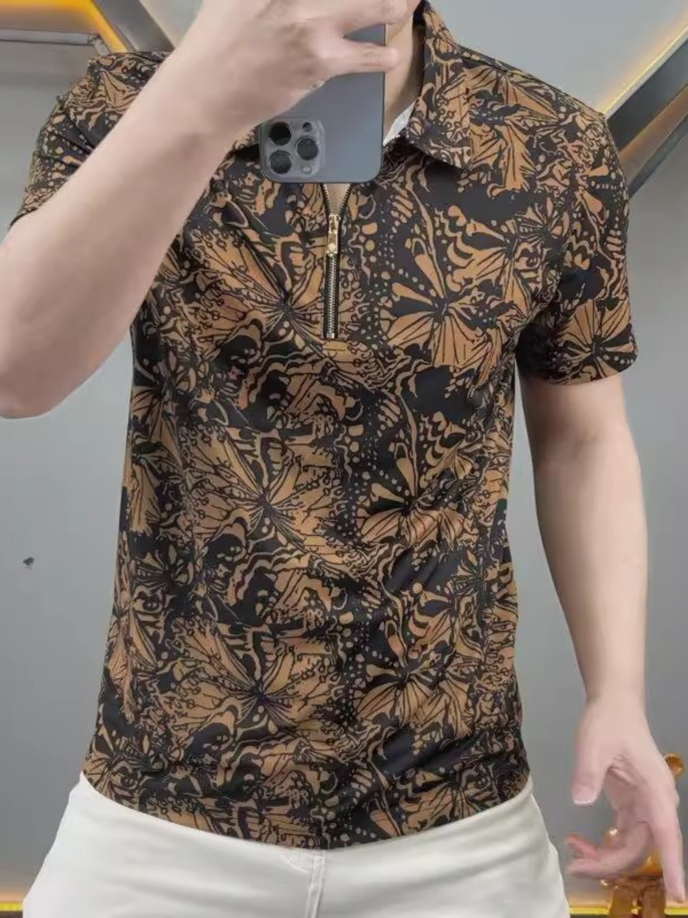 Men's Full Size Printed Quarter Zip Short Sleeve Polo Plus Size