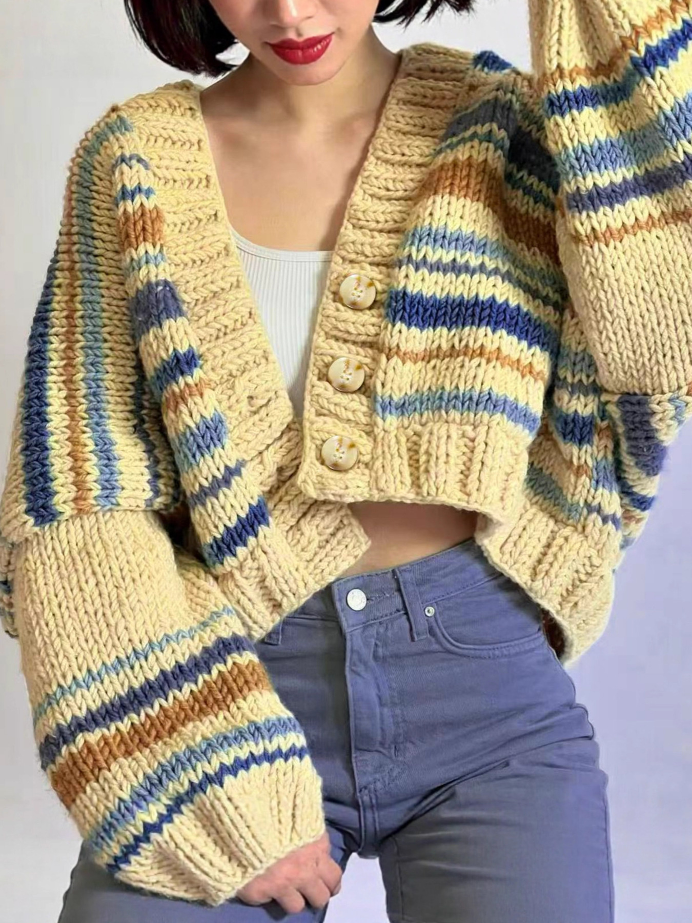 Chunky Knit Striped Cropped Cardigan