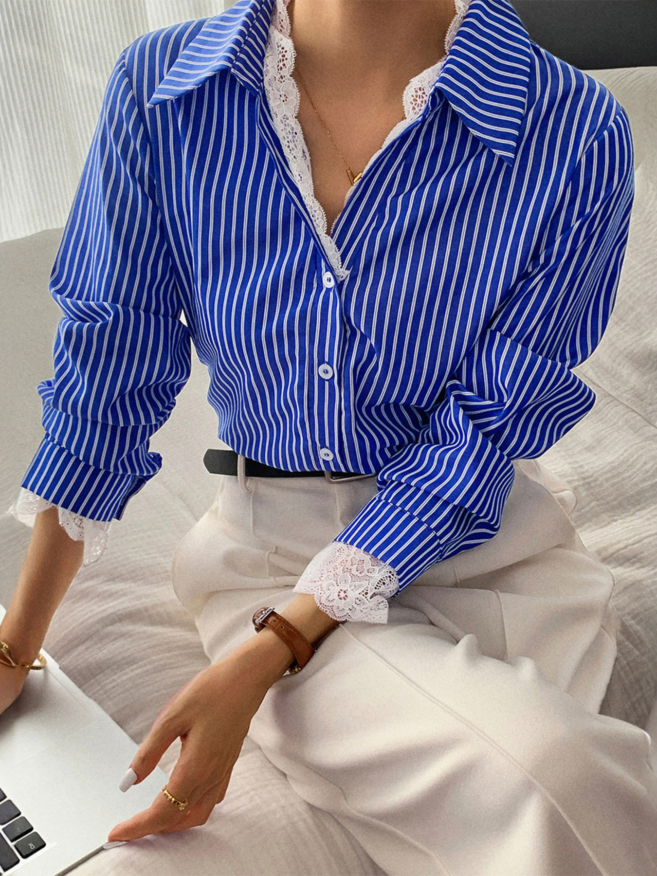 Striped Button-Down Shirt with Lace Detail
