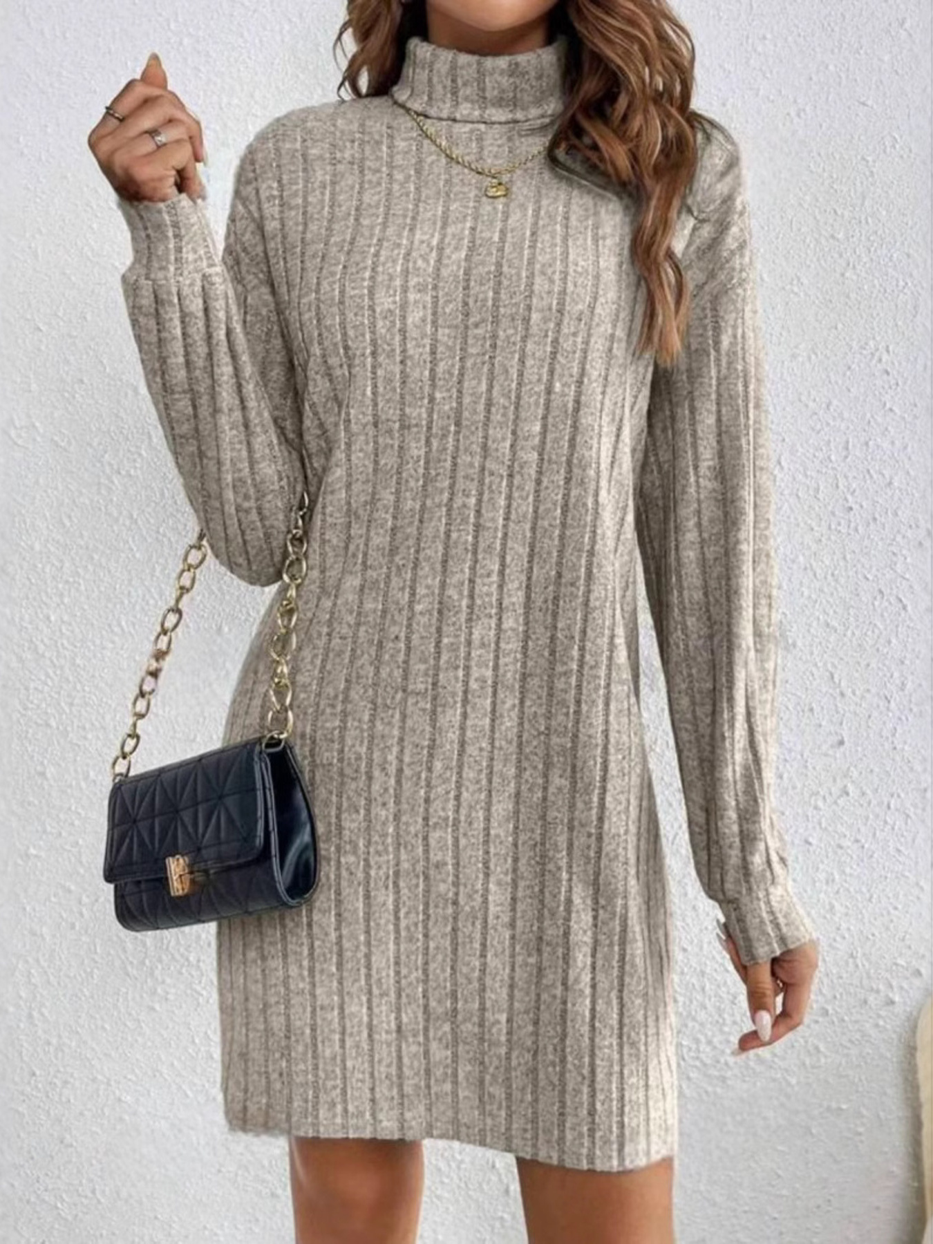 Ribbed Knit Turtleneck Mini Dress