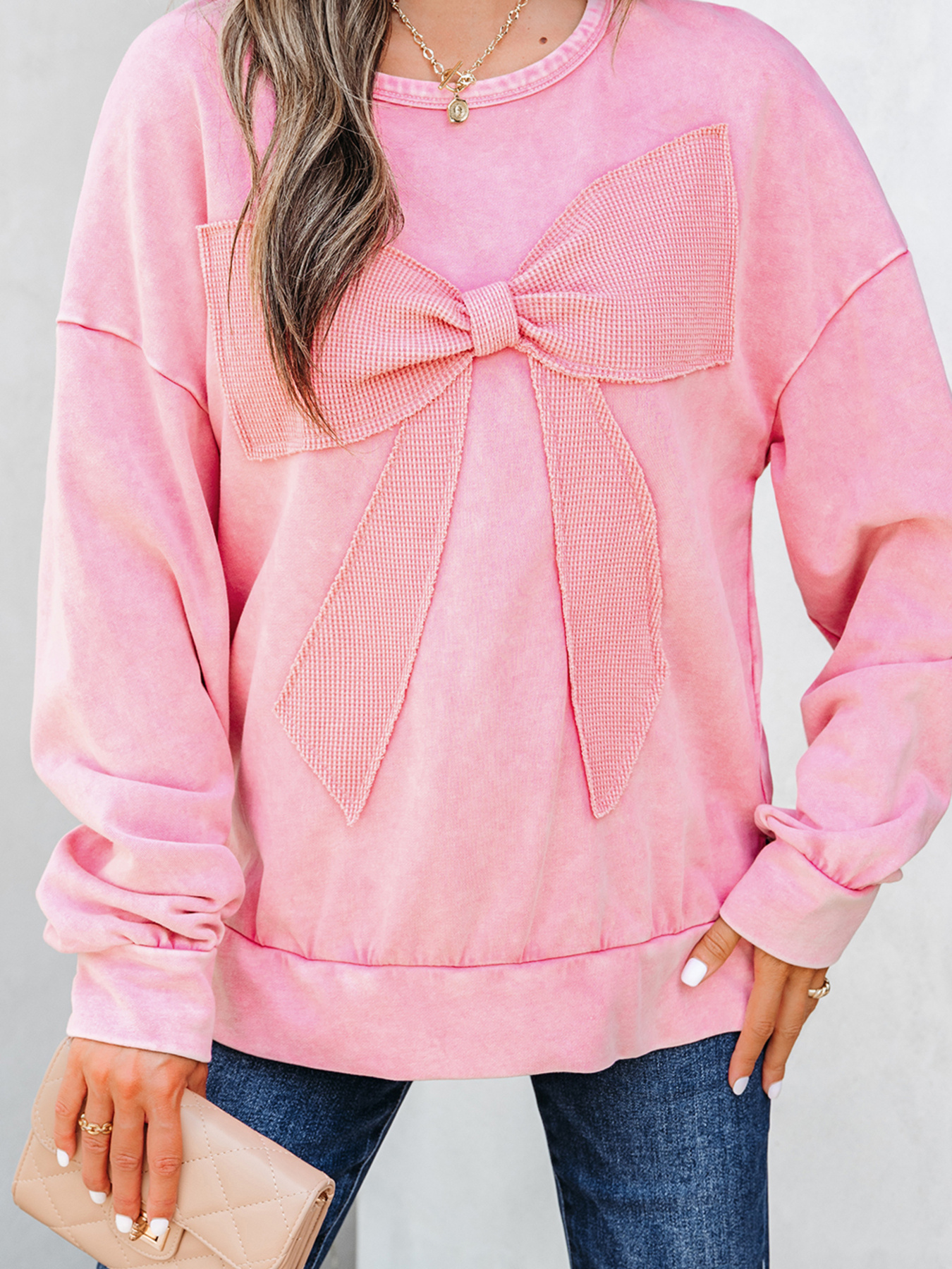 Mineral Wash Bow Patchwork Sweatshirt