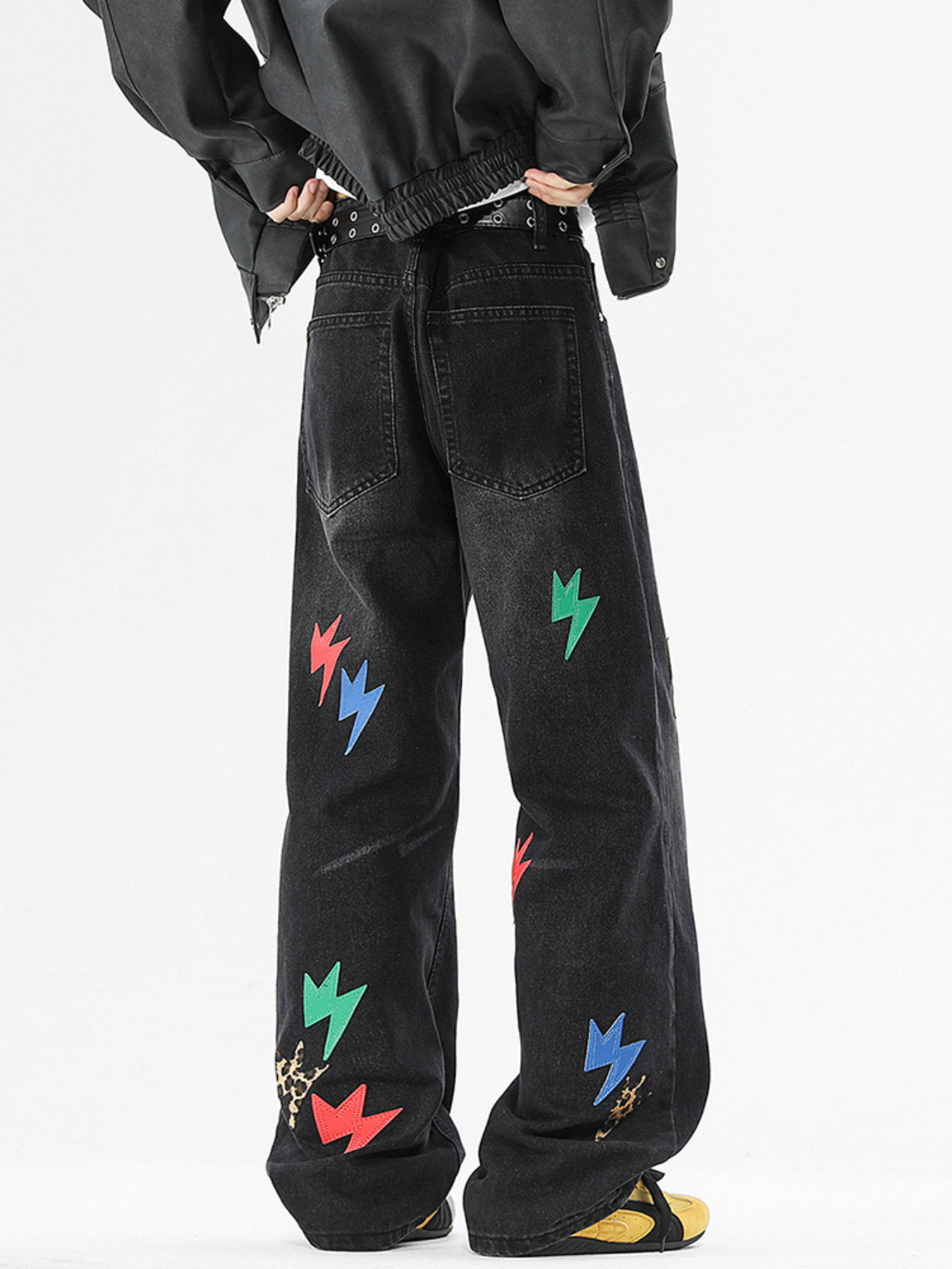 Men's Full Size Lightning Bolt Print Wide Leg Jeans Plus Size