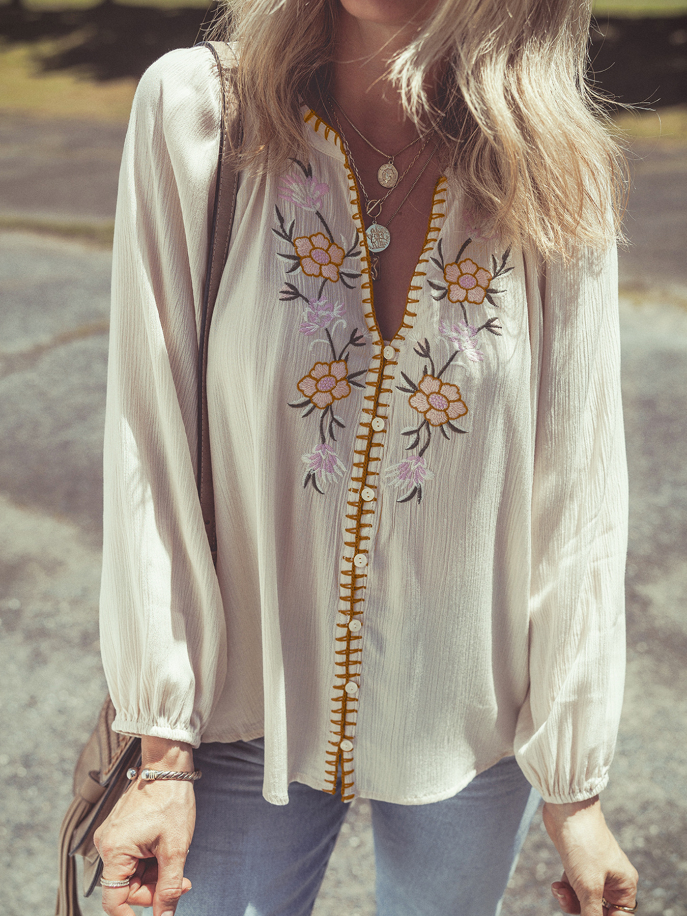 Floral Embroidered Textured Puff Sleeve Loose Shirt