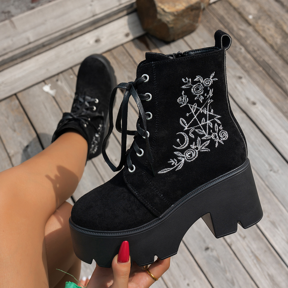 Floral Embroidered Platform Combat Boots