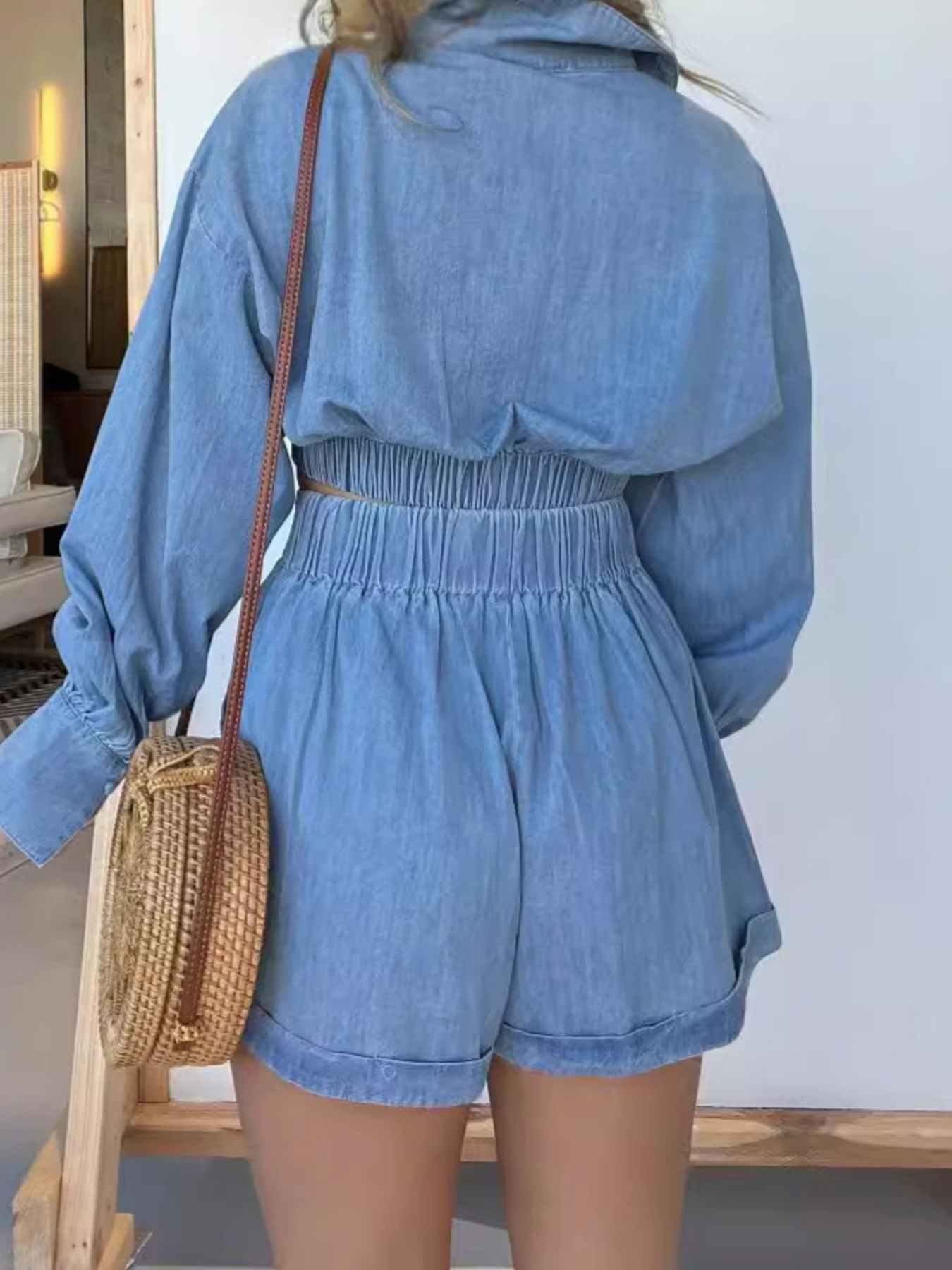 Full Size Long Sleeve Top and Shorts Denim Set Plus Size