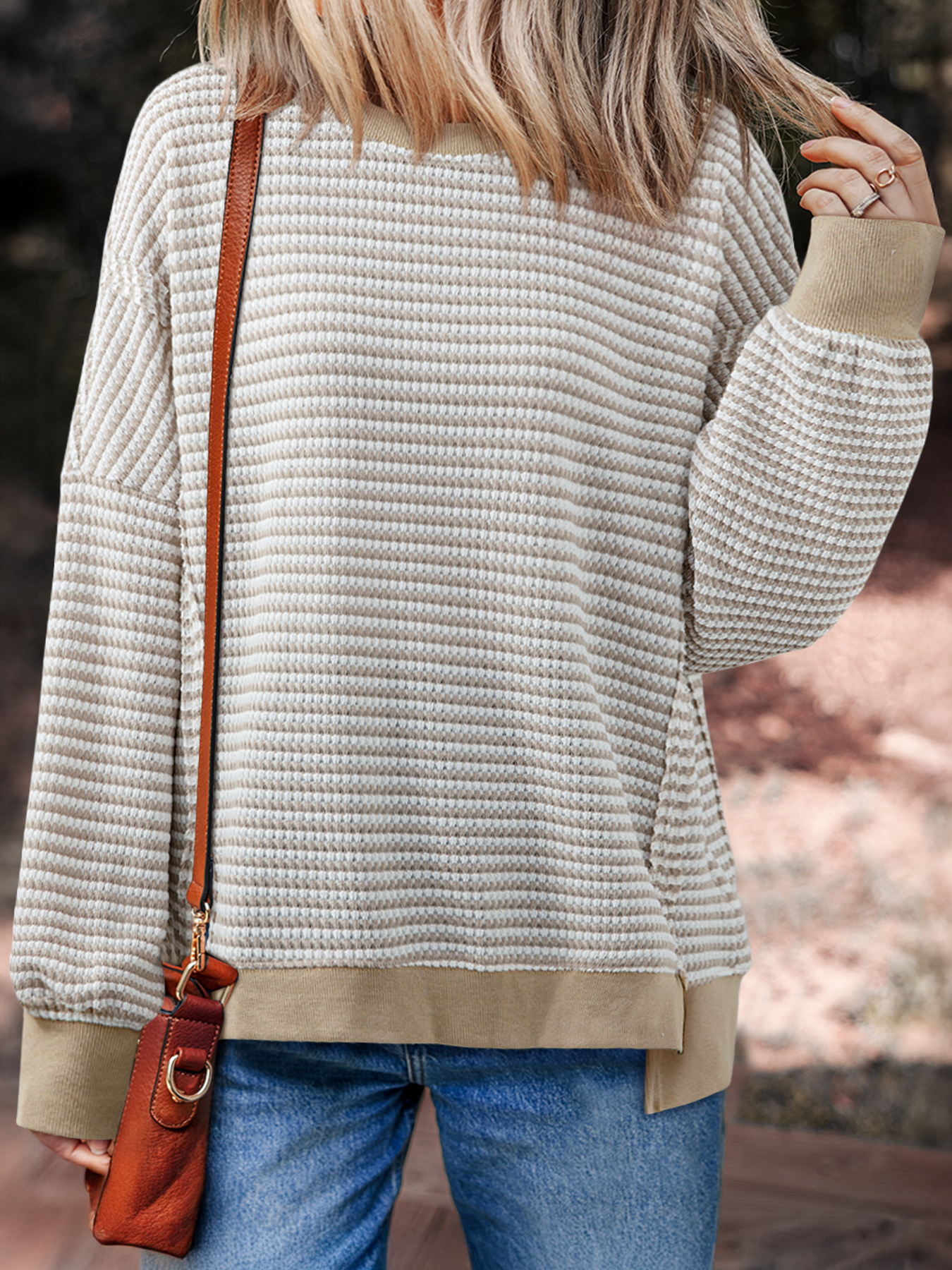 Stripe Ribbed Trim Drop Shoulder Long Sleeve Oversize Top