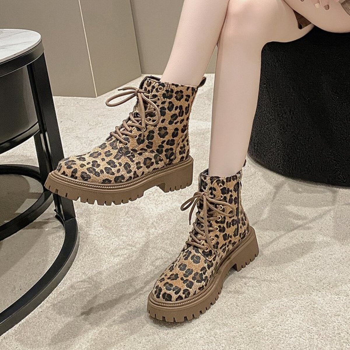 Animal Print Lace-Up Ankle Boots