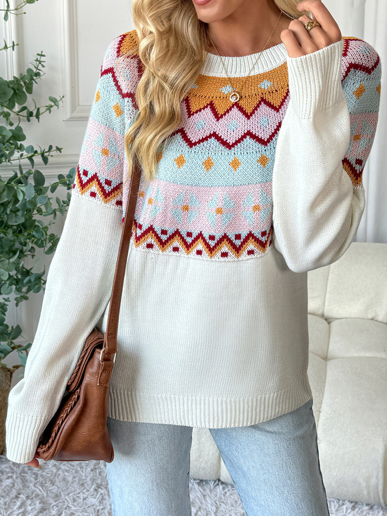 Geometric Round Neck Long Sleeve Sweater