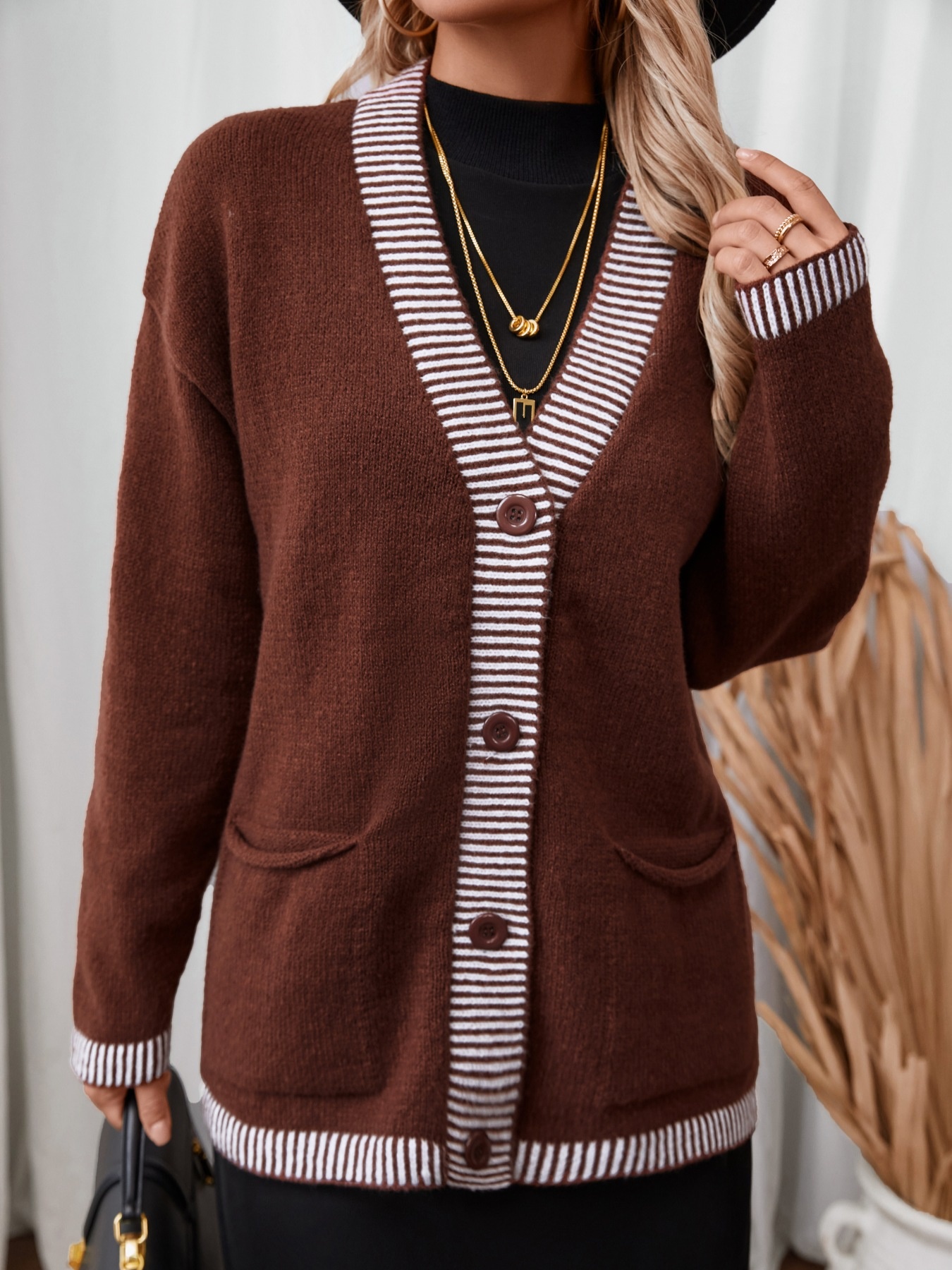 Striped Trim Button Front Pocket Knit Cardigan