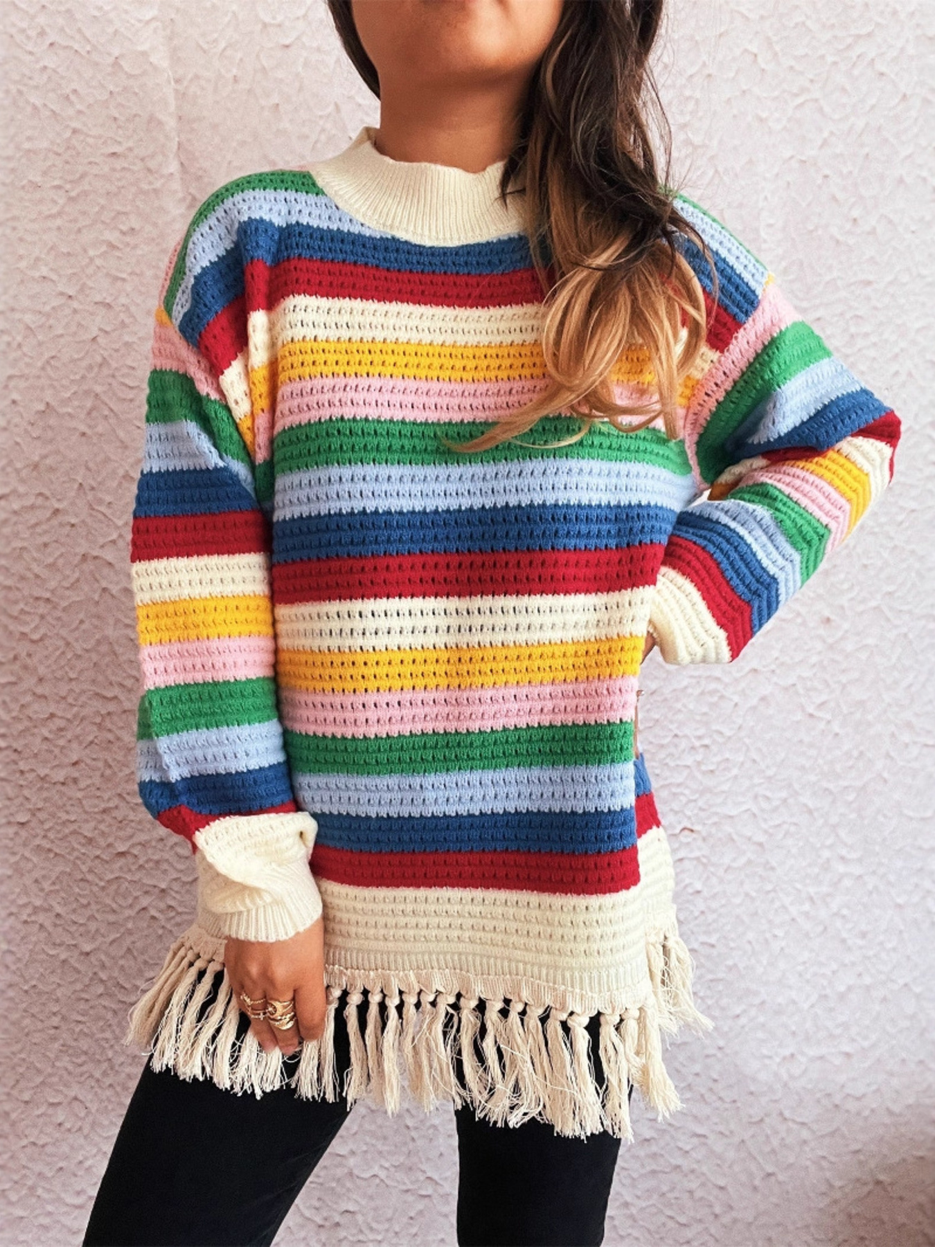 Tassel Rainbow Striped Long Sleeve Sweater