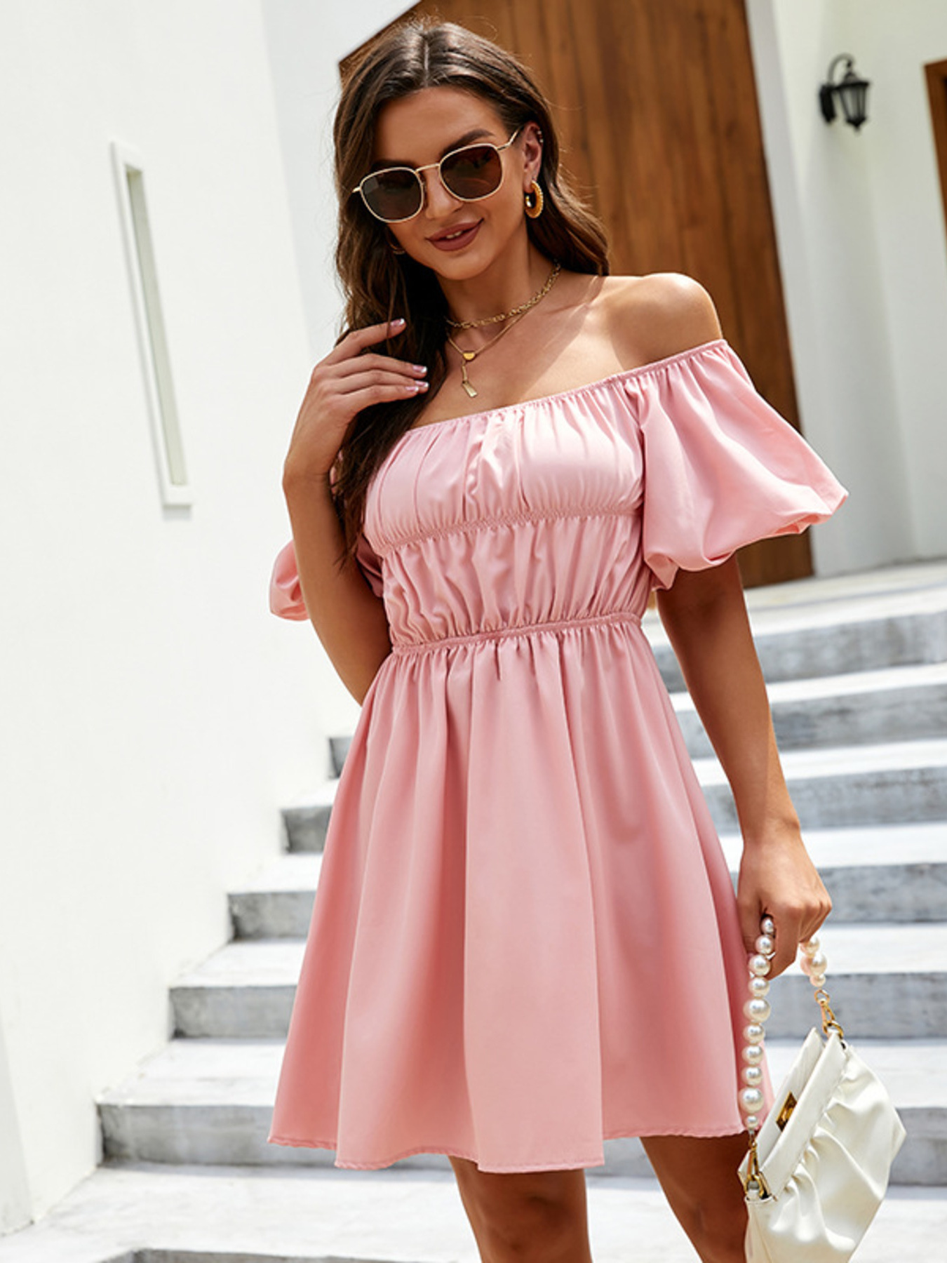 Off-Shoulder Puff Sleeve Mini Dress