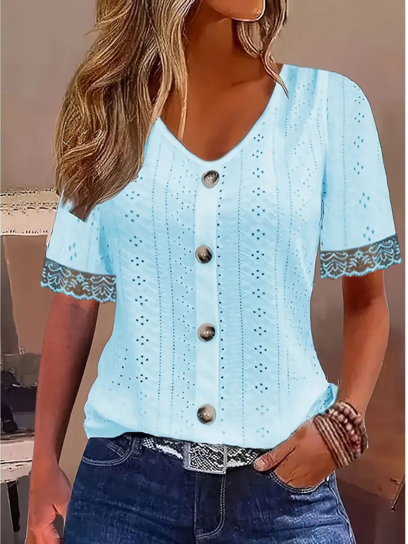 Eyelet Lace Trim Short Sleeve Blouse