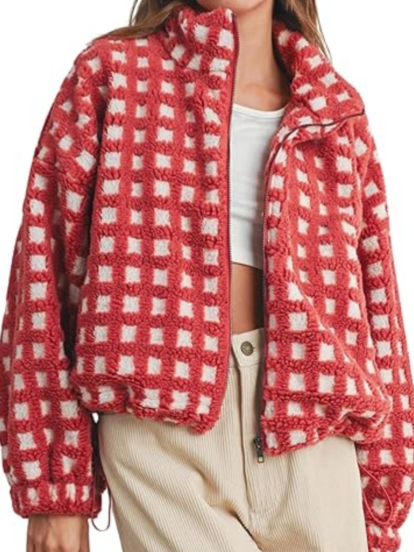 Plaid Zip Up Sherpa Jacket